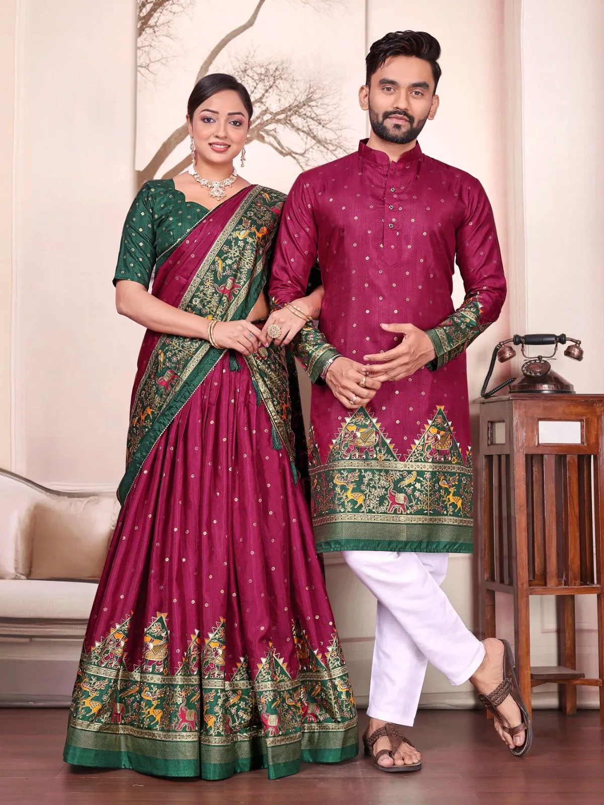 Purple Patola Printed Couple Combo Lehenga and Kurta