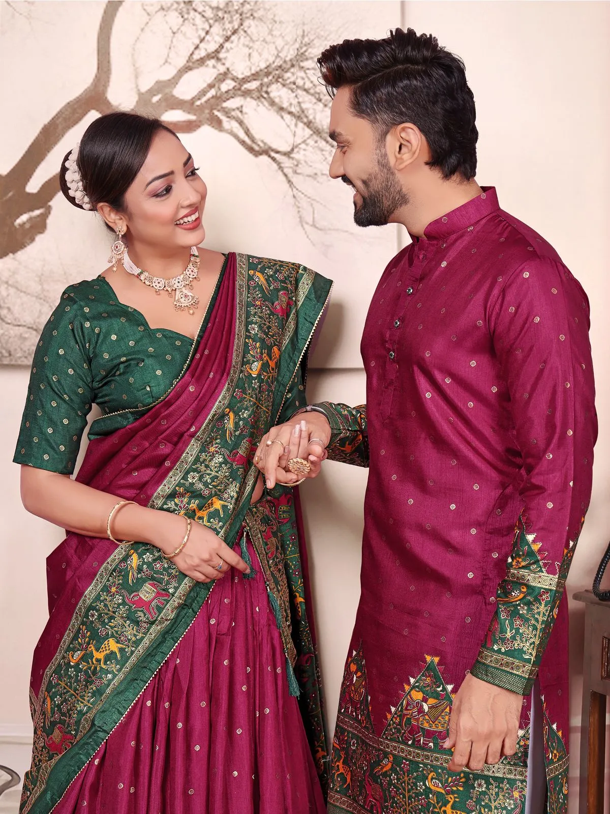 Purple Patola Printed Couple Combo Lehenga and Kurta