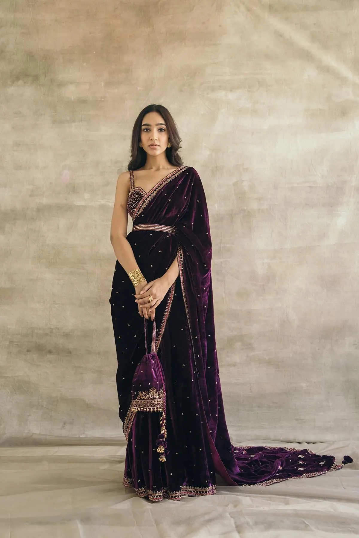 Purple Velvet Saree with Embroidery