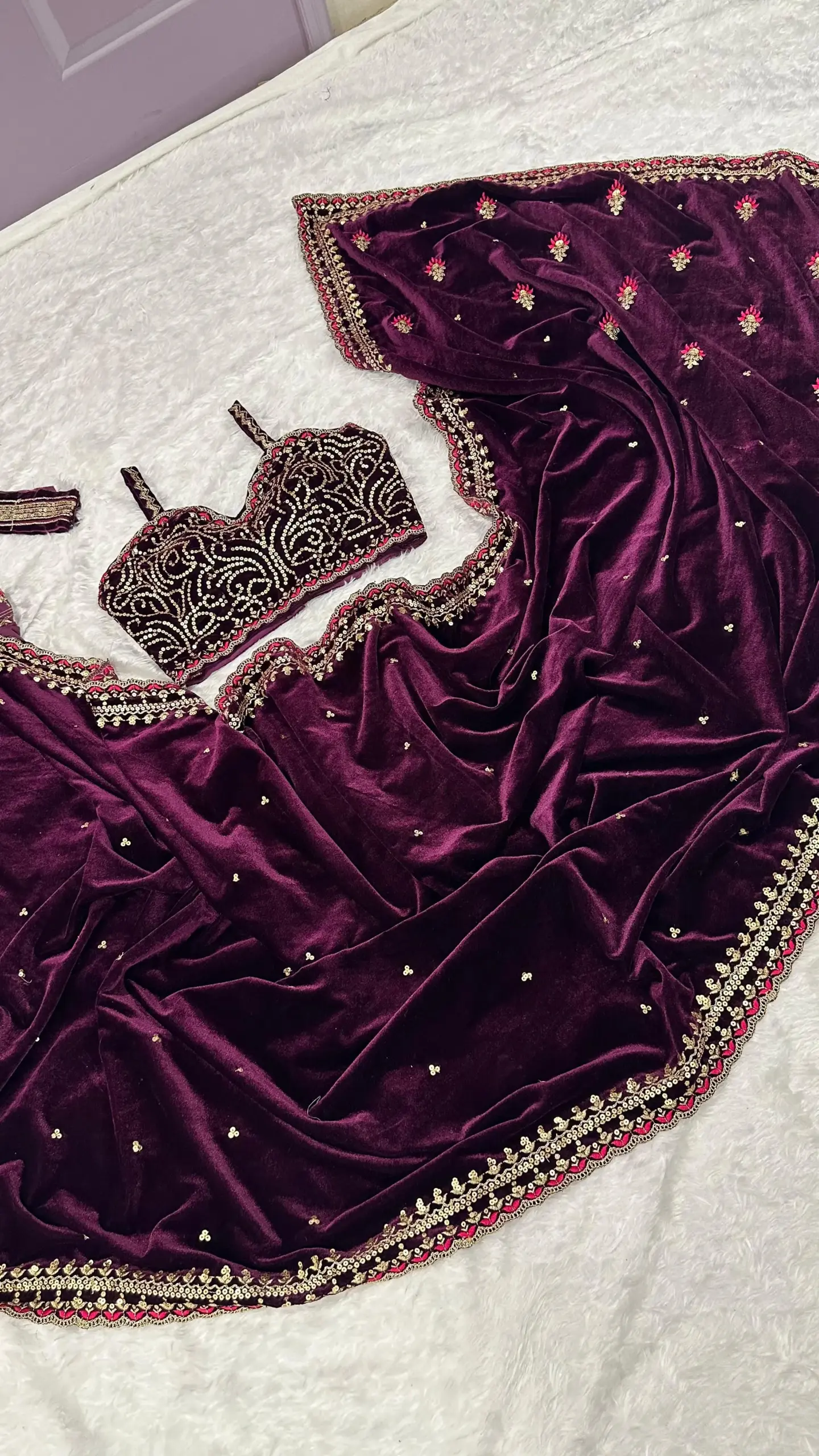Purple Velvet Saree with Embroidery