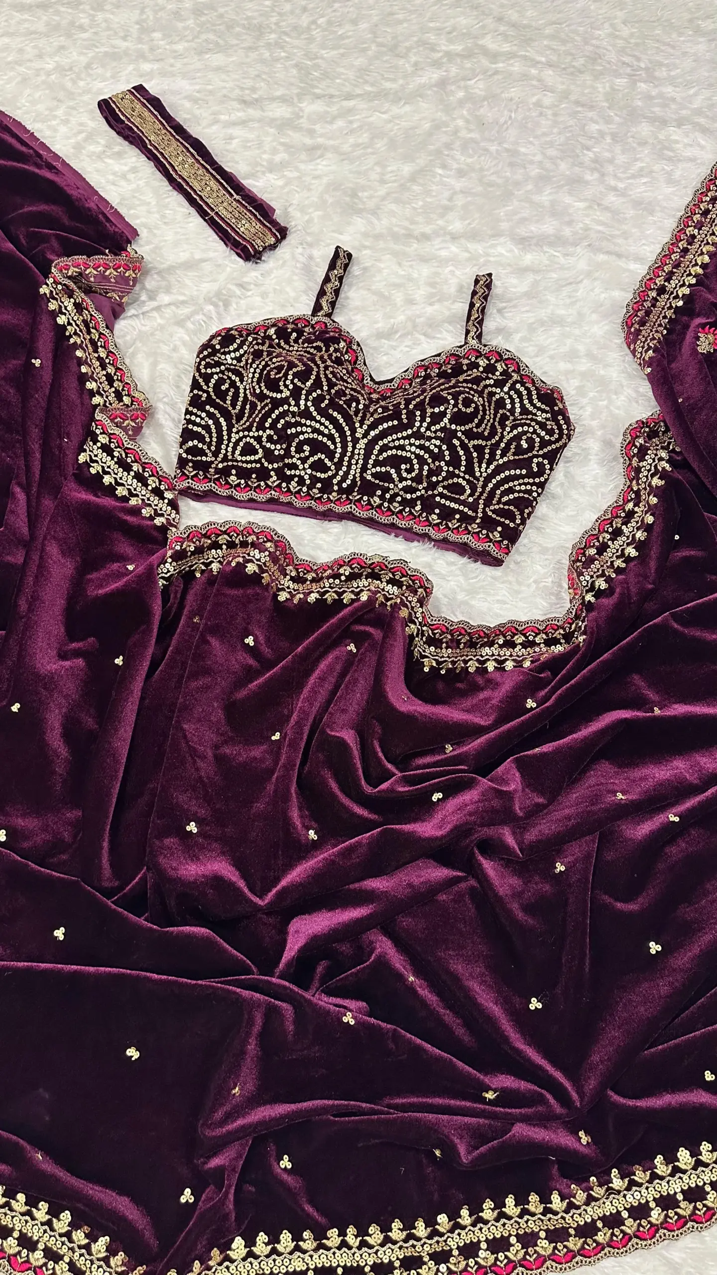 Purple Velvet Saree with Embroidery