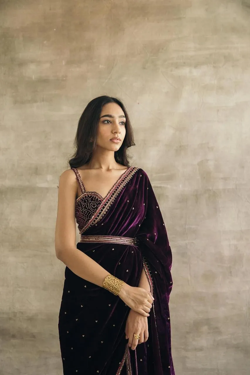 Purple Velvet Saree with Embroidery
