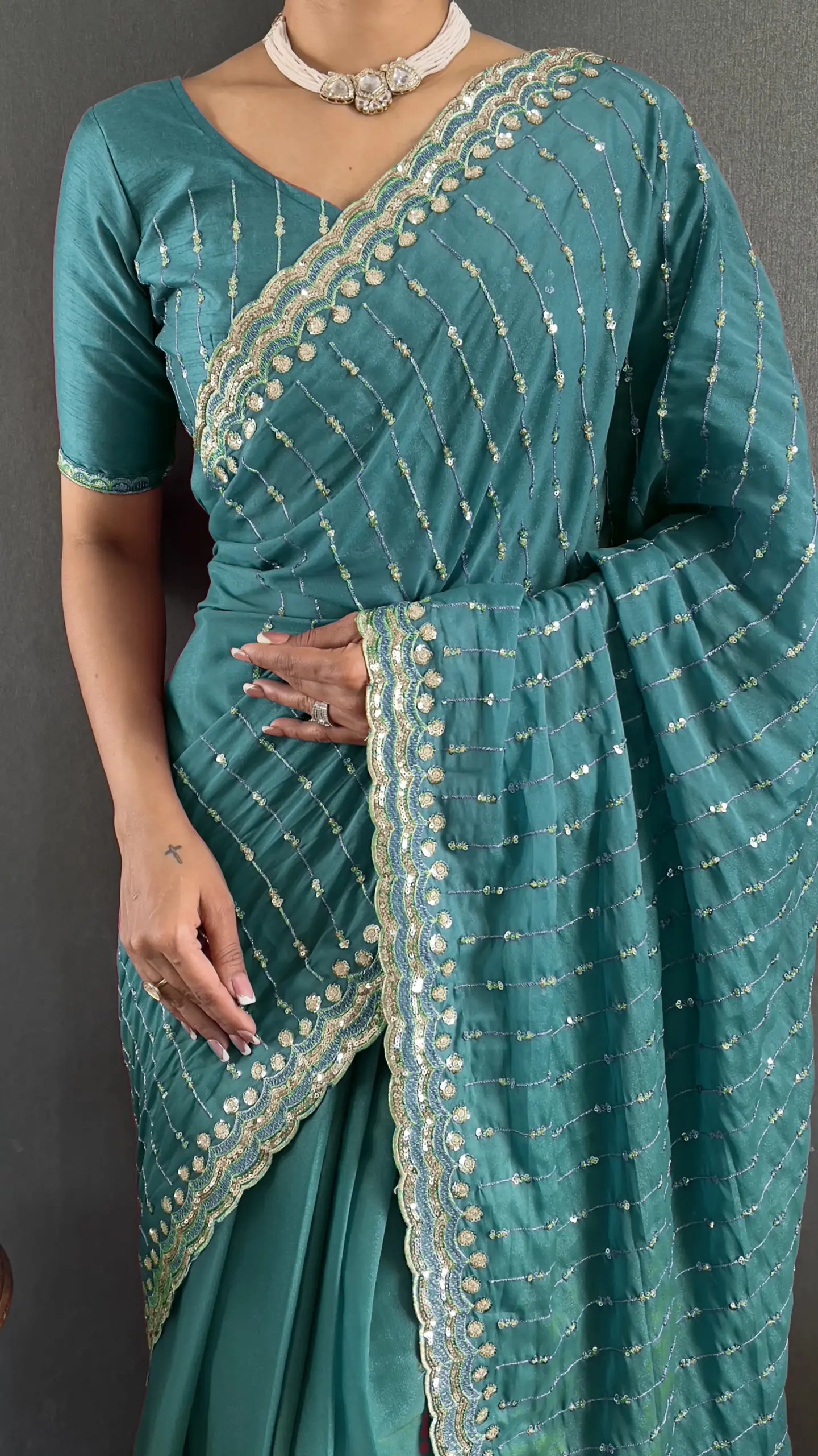 Rama Color Readymade Party Saree