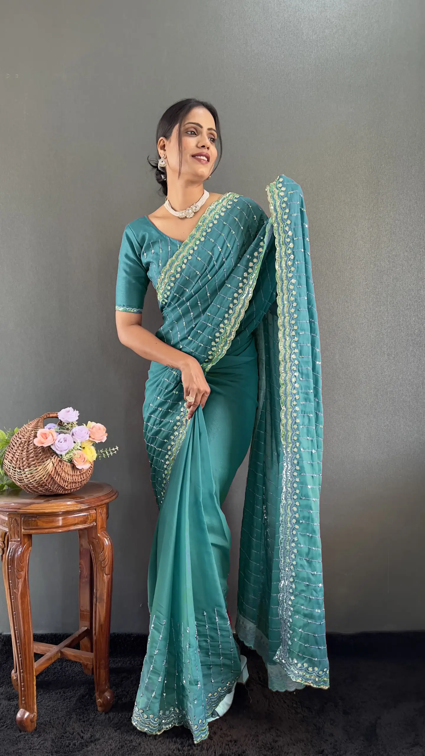 Rama Color Readymade Party Saree