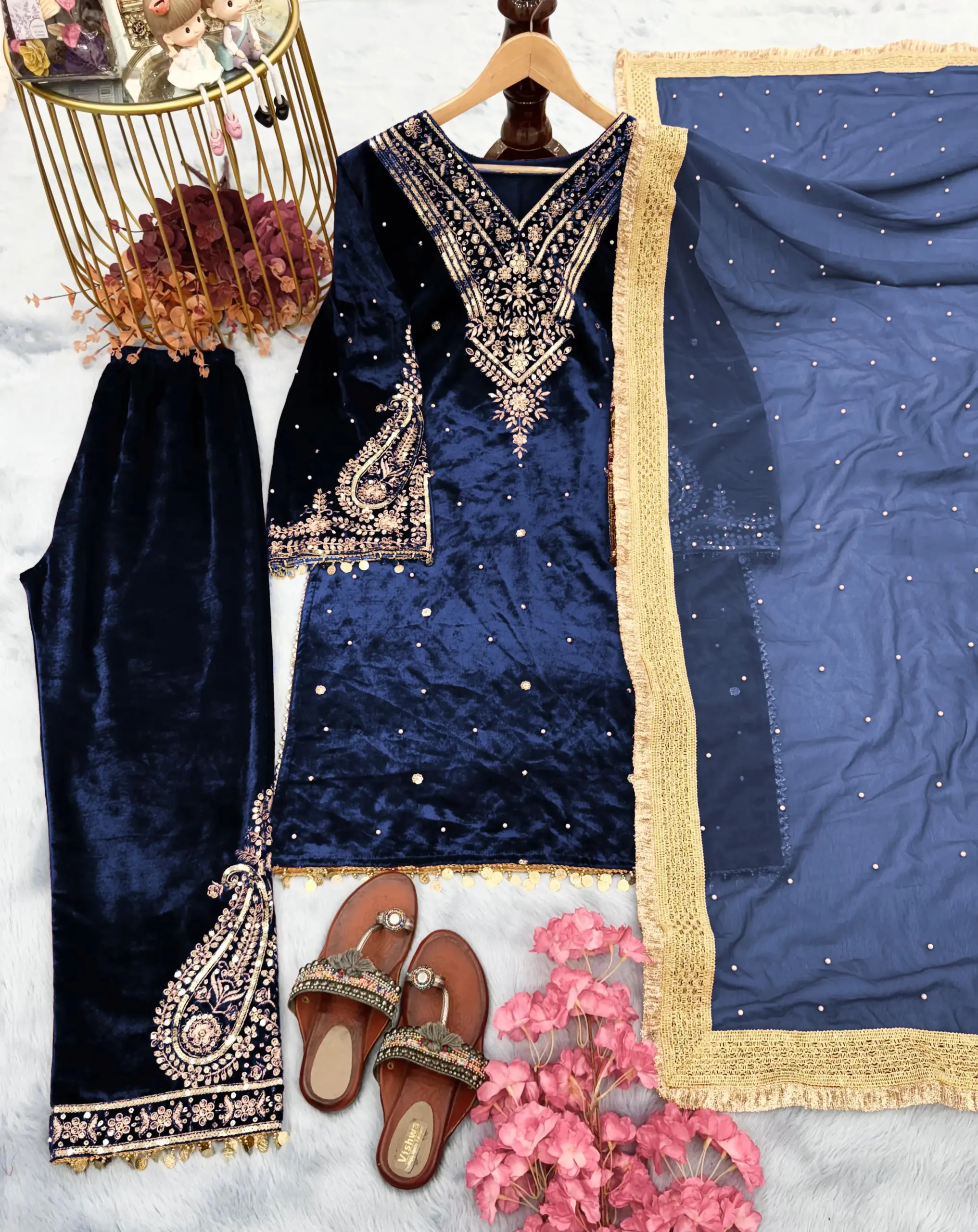 Royal Blue Velvet Embroidery Salwar