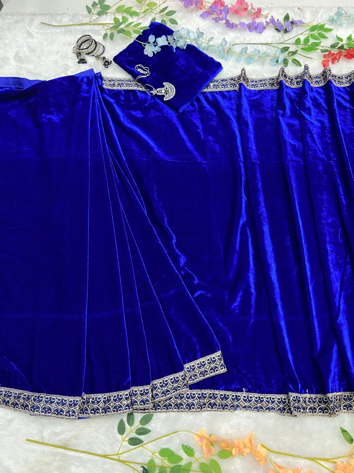 Royal Blue Velvet Readymade Saree