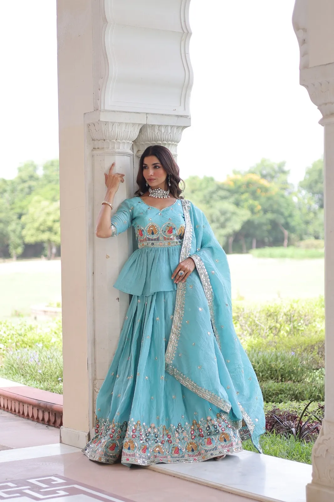 Sky Blue Readymade Lehenga with Long Blouse