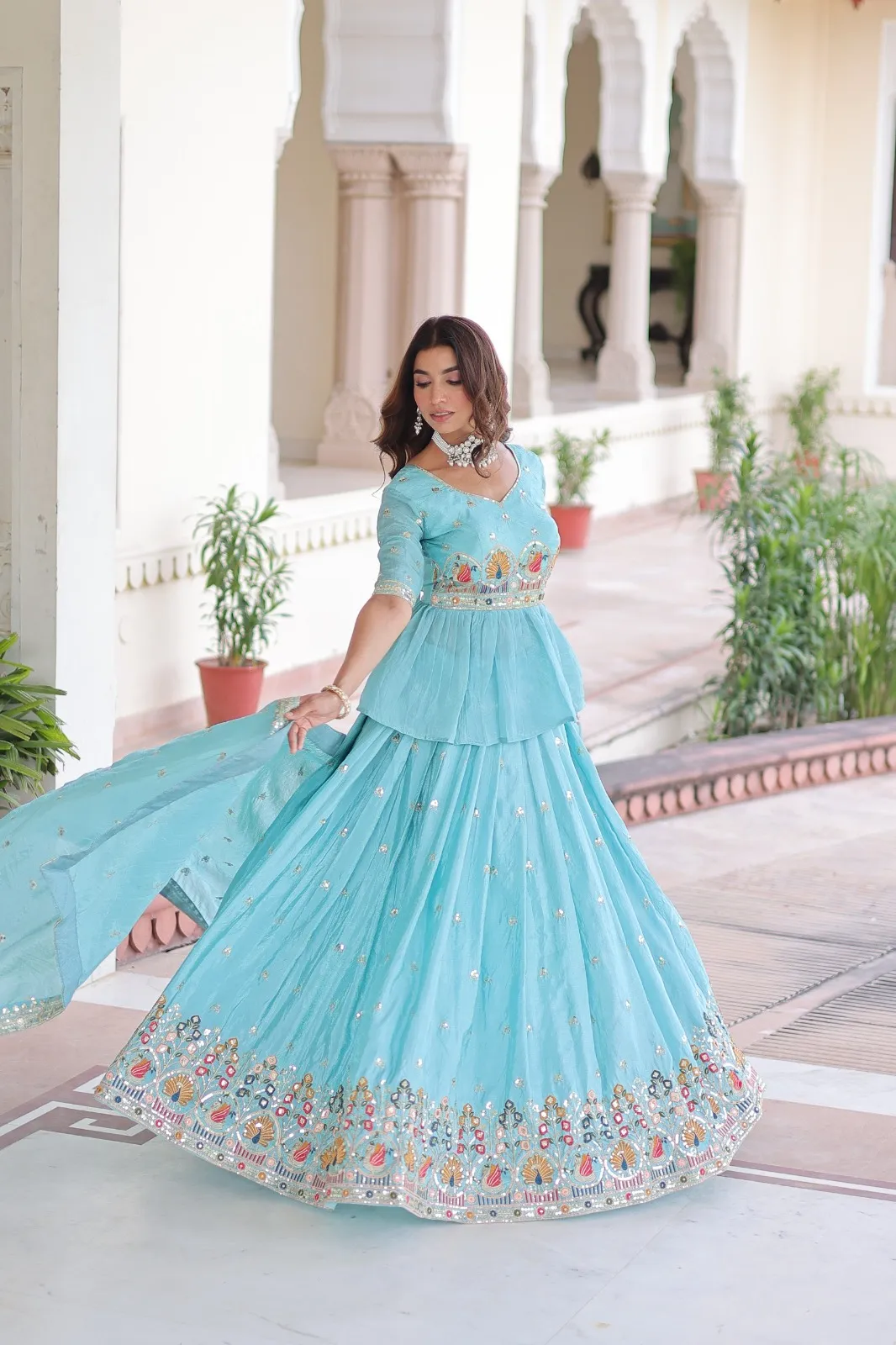 Sky Blue Readymade Lehenga with Long Blouse