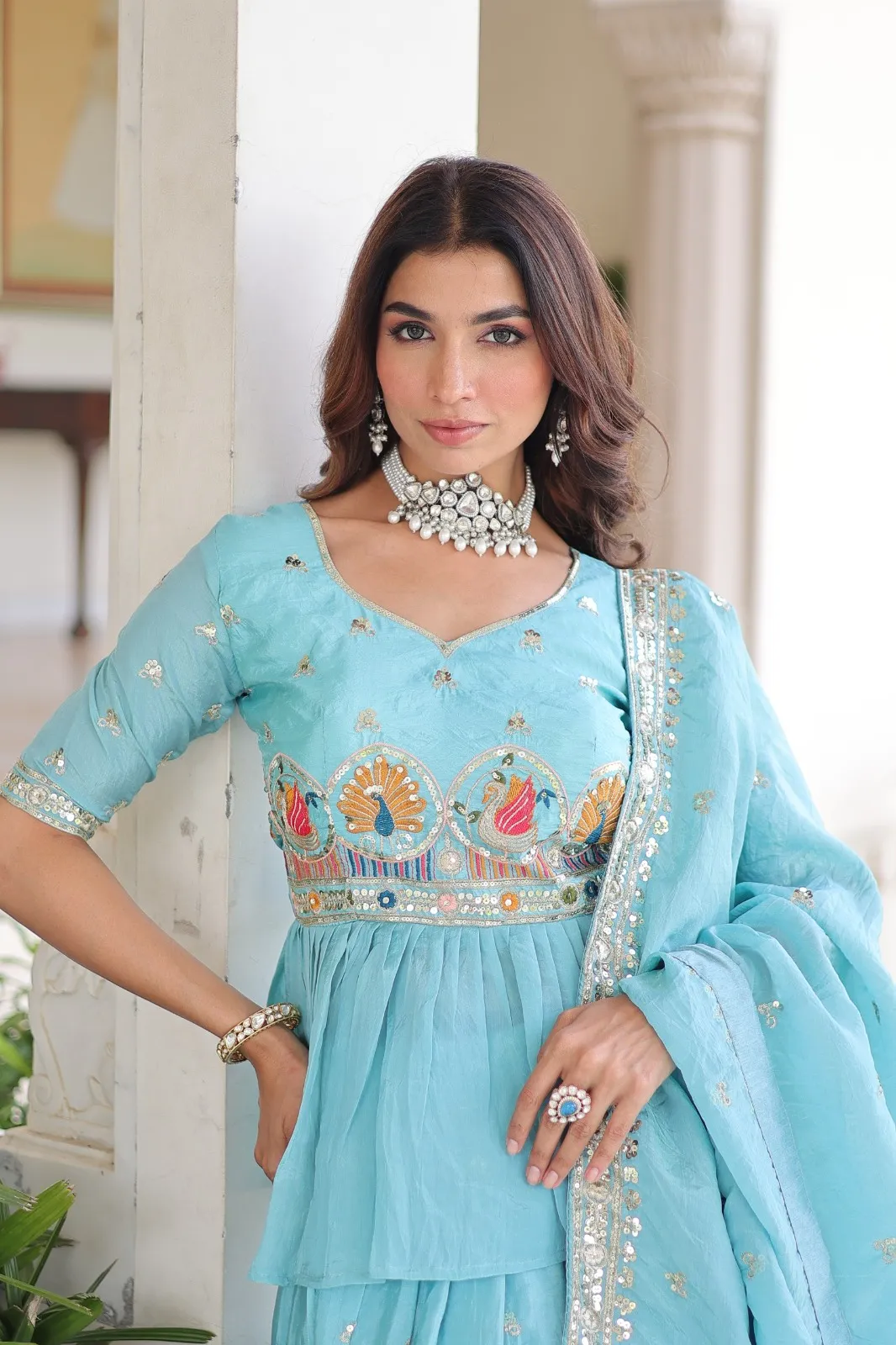 Sky Blue Readymade Lehenga with Long Blouse