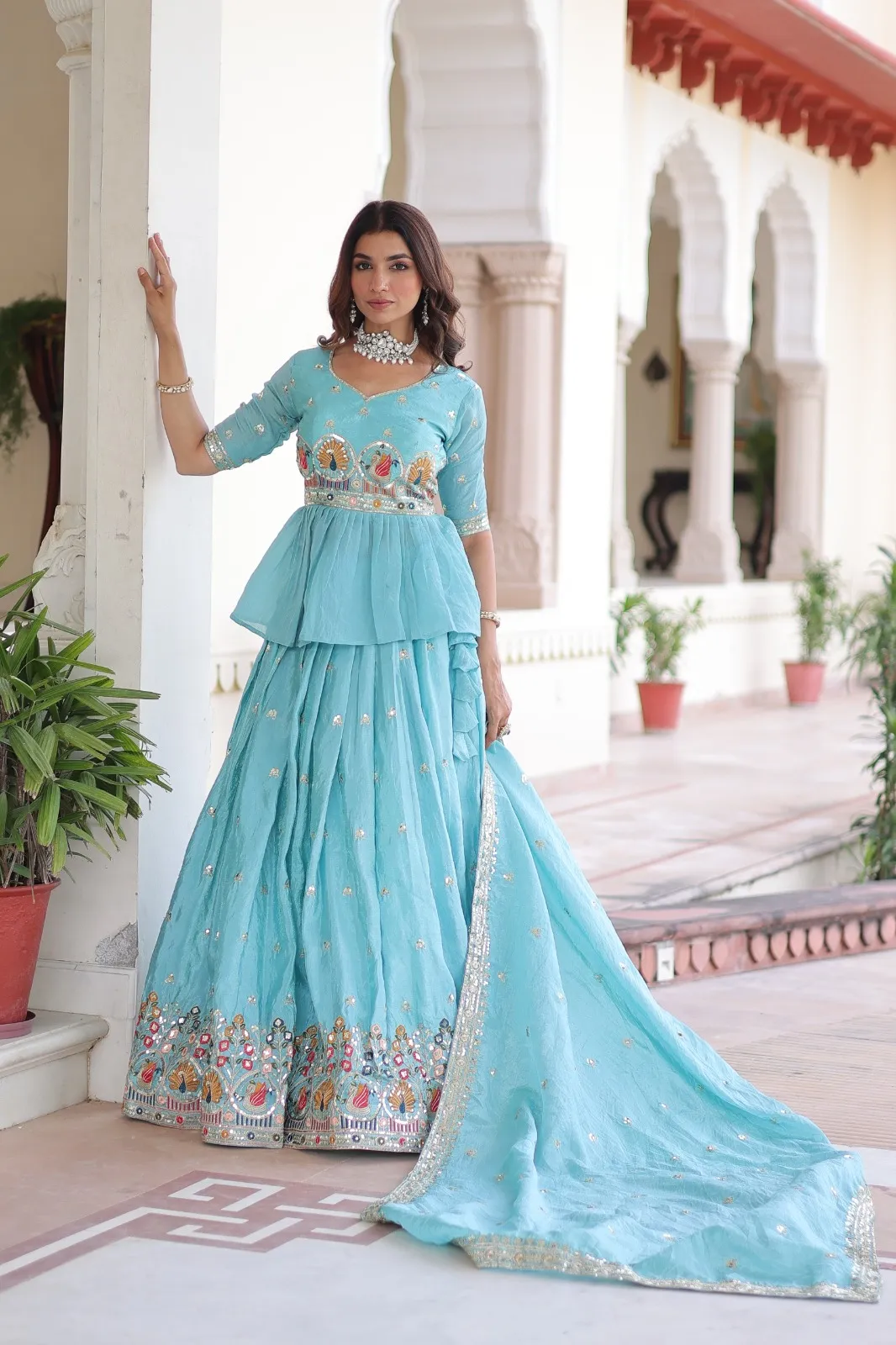 Sky Blue Readymade Lehenga with Long Blouse