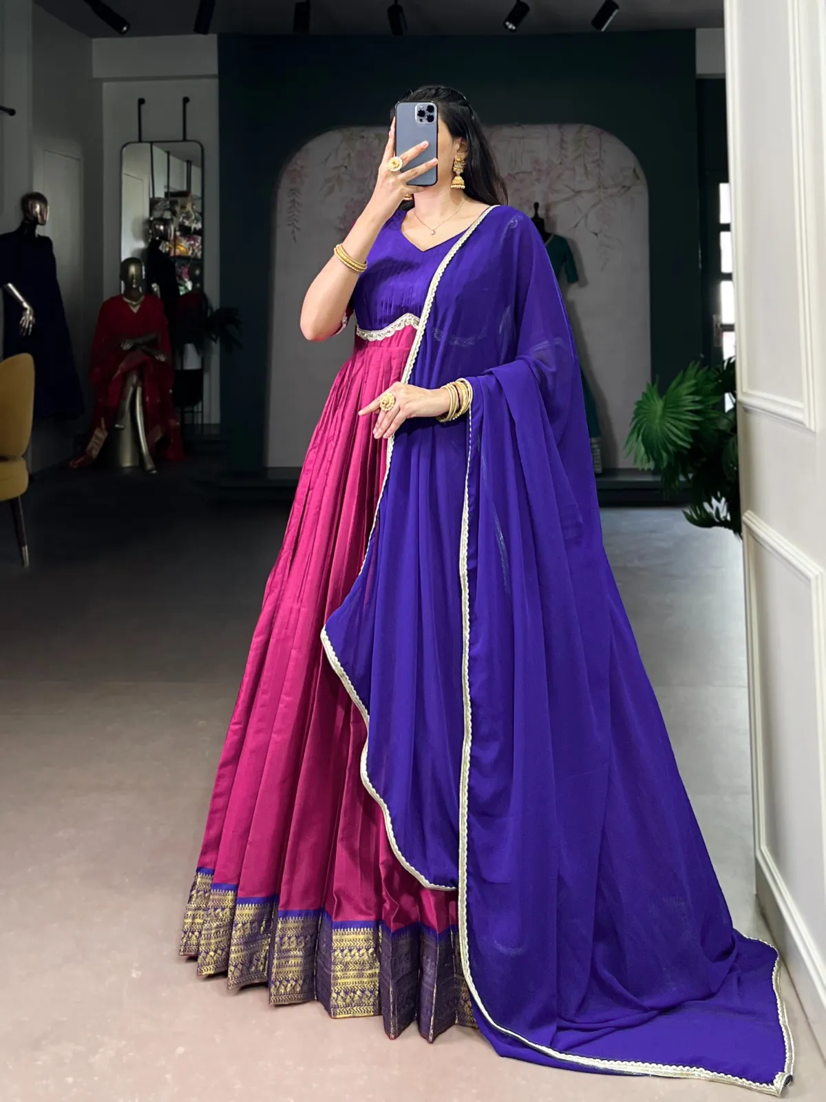 Stylish Pink Silk Gown with Dupatta