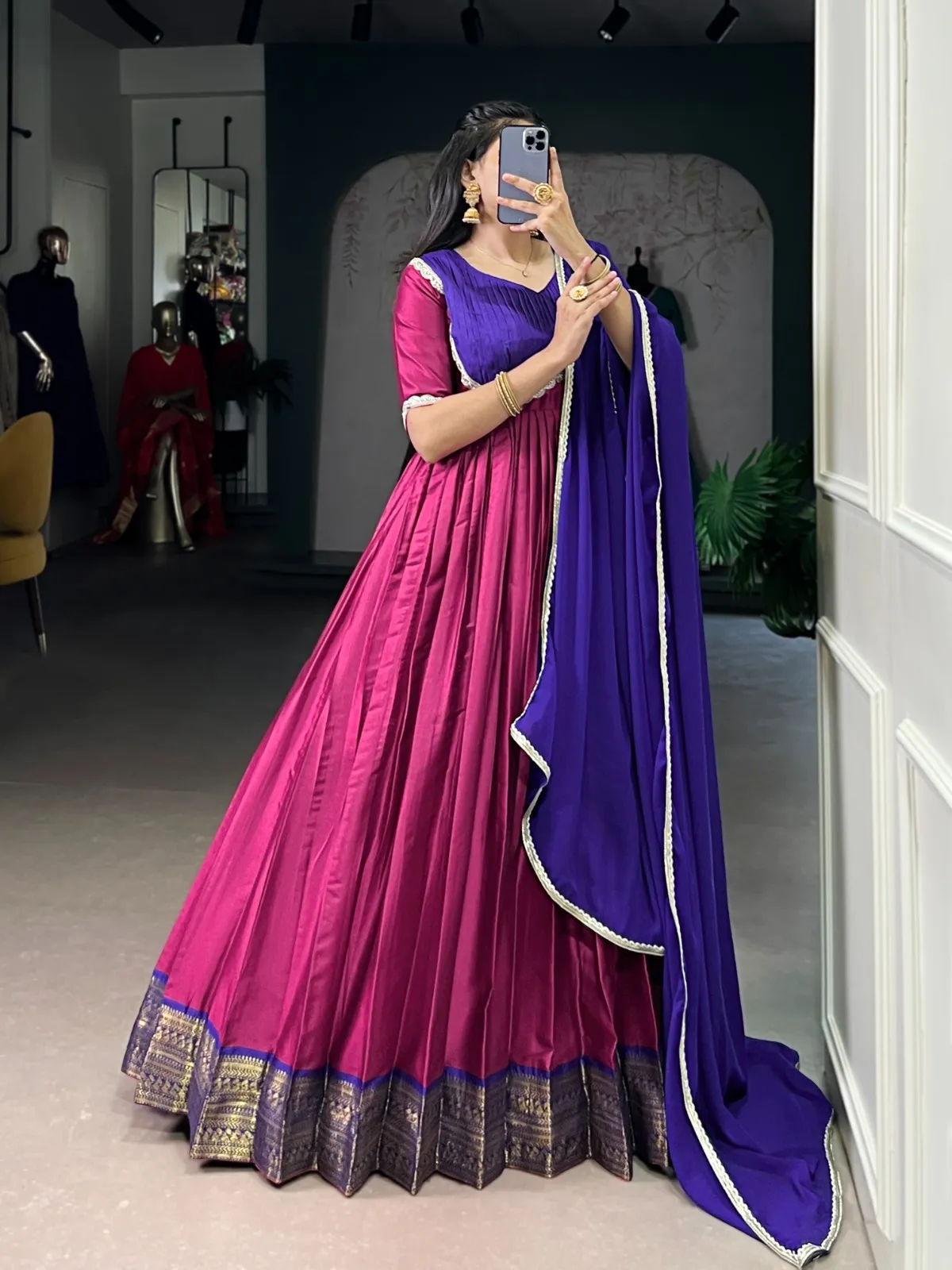 Stylish Pink Silk Gown with Dupatta