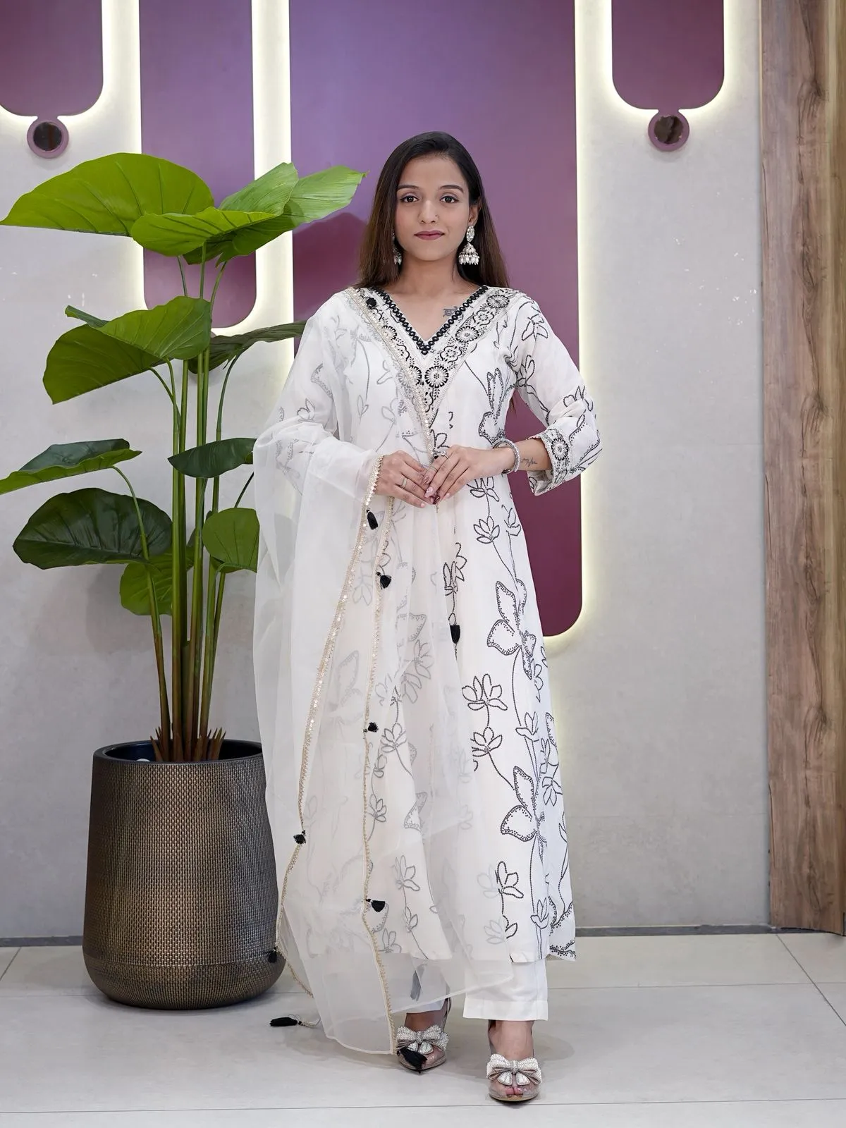 Stylish White Color Anarkali Kurti Set