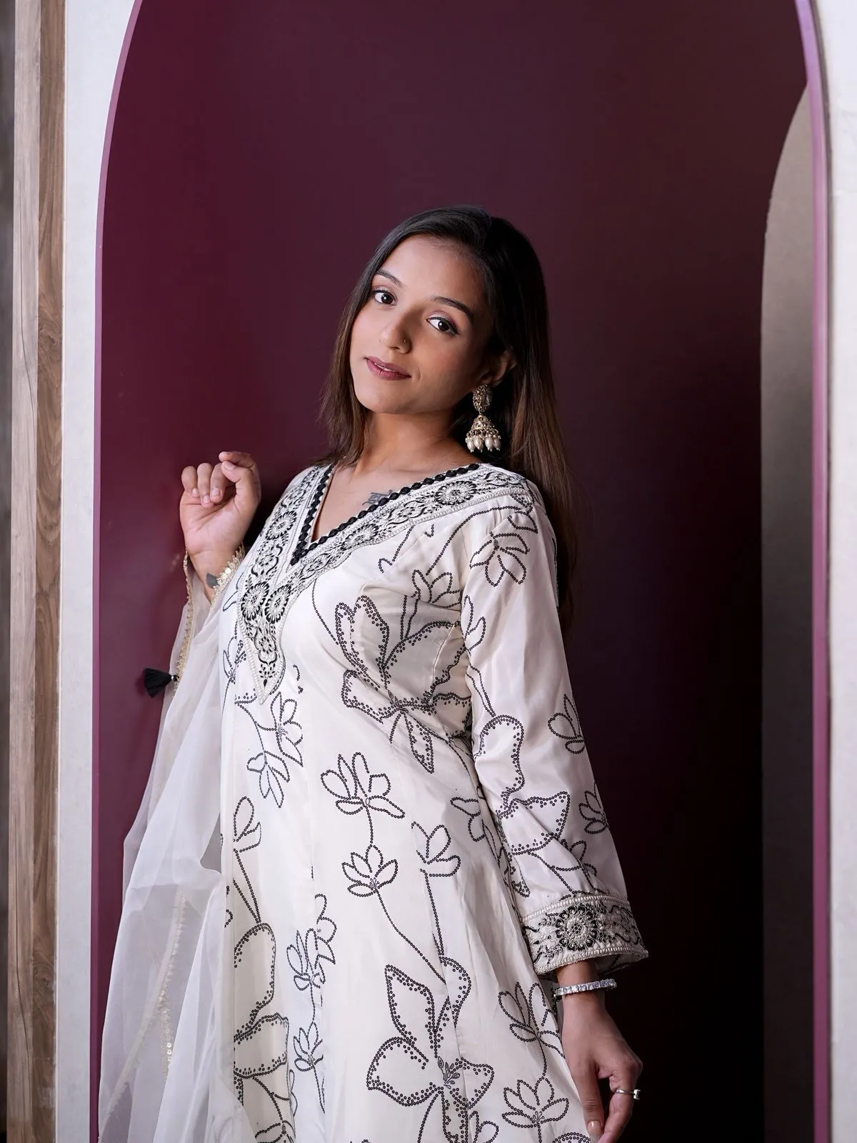 Stylish White Color Anarkali Kurti Set
