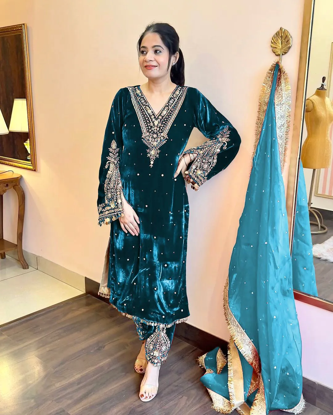 Teal Color Velvet Suit for Wedding