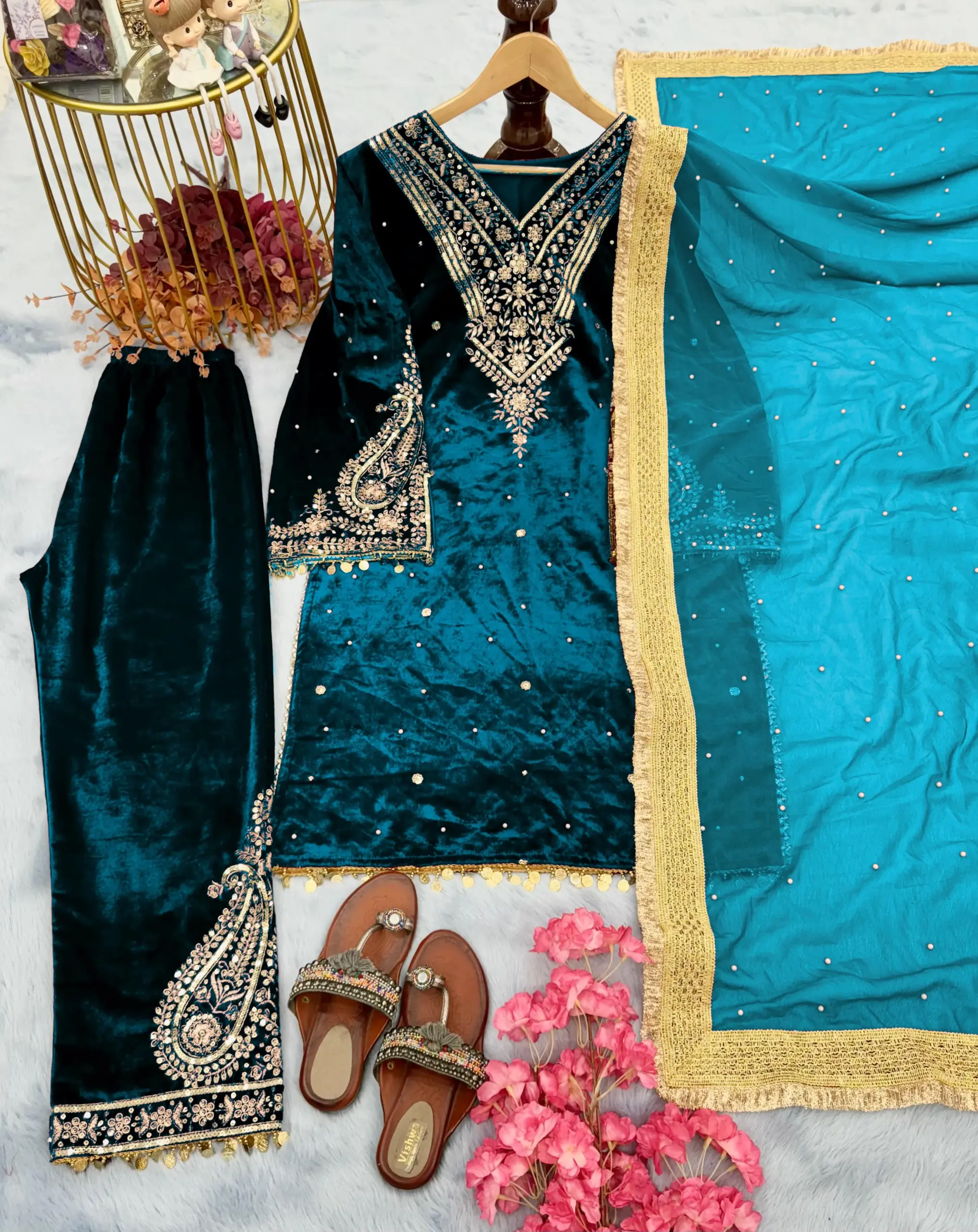 Teal Color Velvet Suit for Wedding