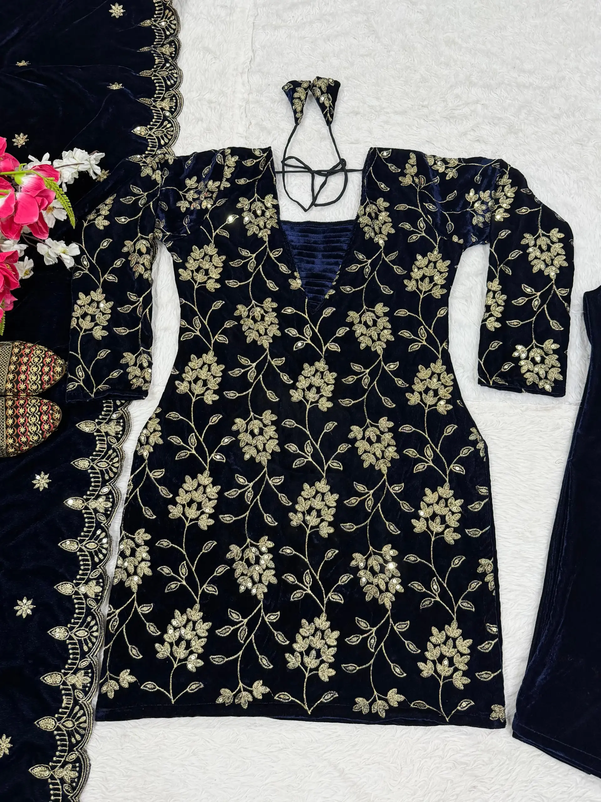 Trending Flower Embroidery Velvet Suit
