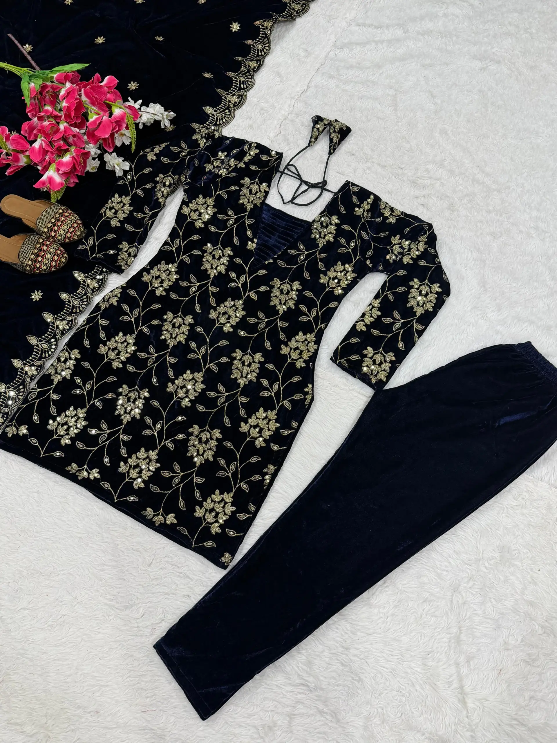Trending Flower Embroidery Velvet Suit