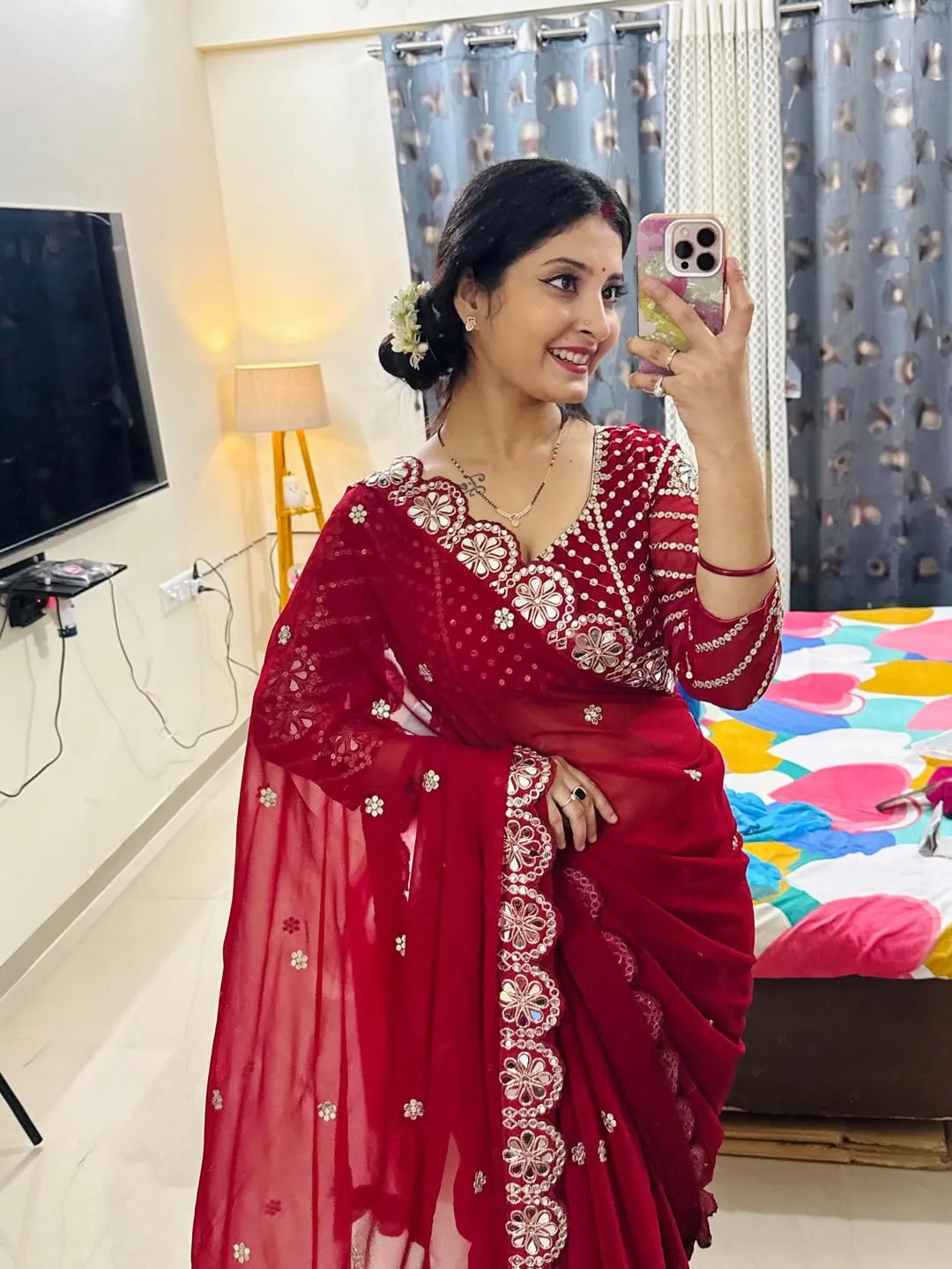 Bollywood-Inspired Organza Saree with Real Mirror Work