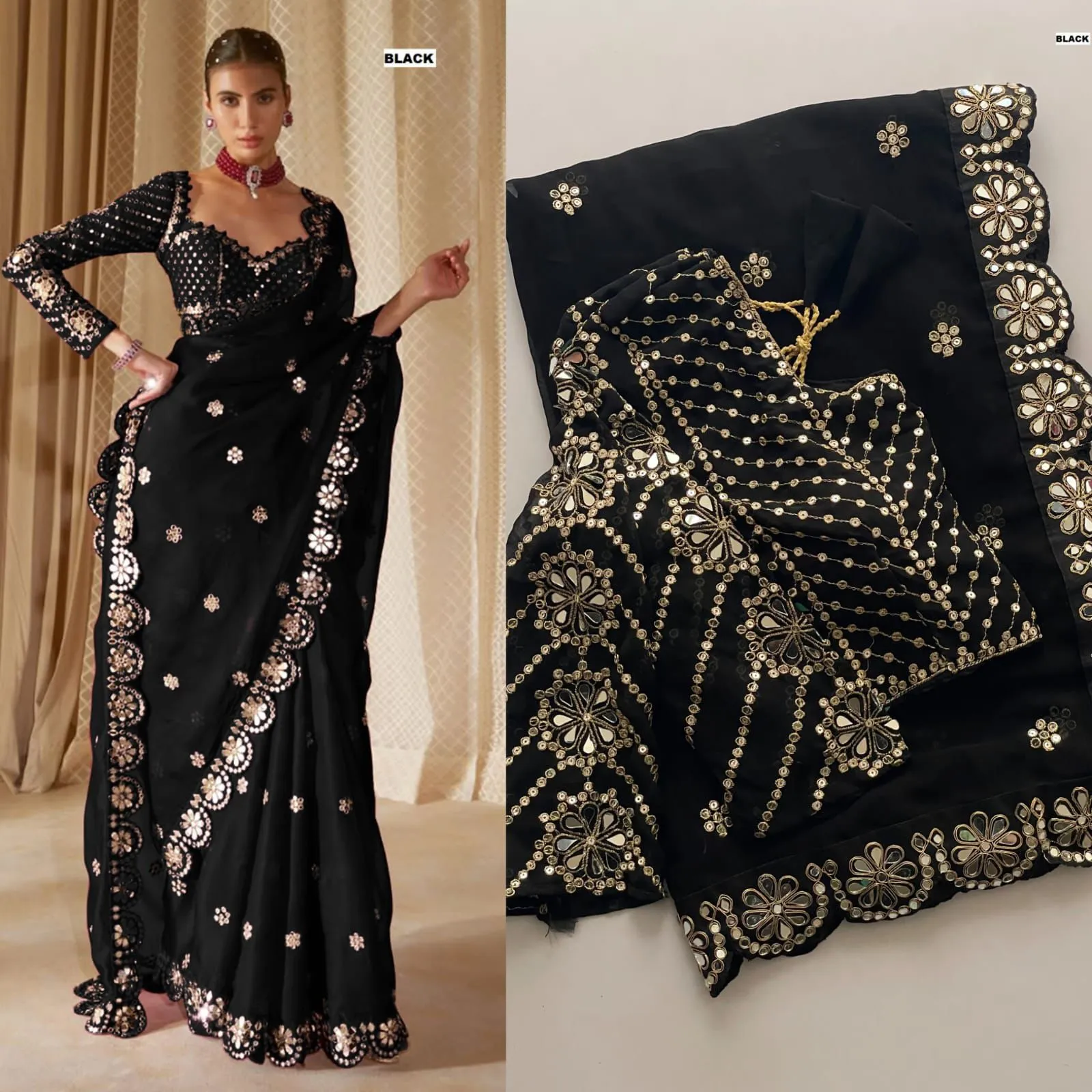 Bollywood-Inspired Organza Saree with Real Mirror Work