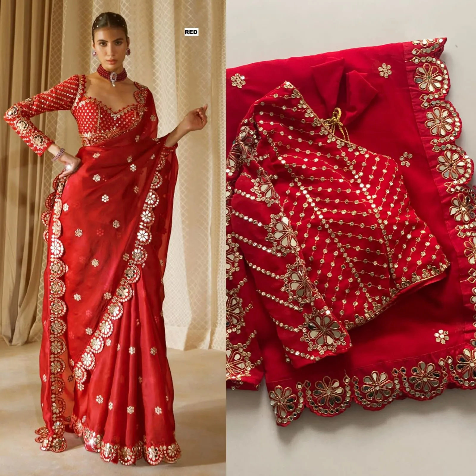 Bollywood-Inspired Organza Saree with Real Mirror Work