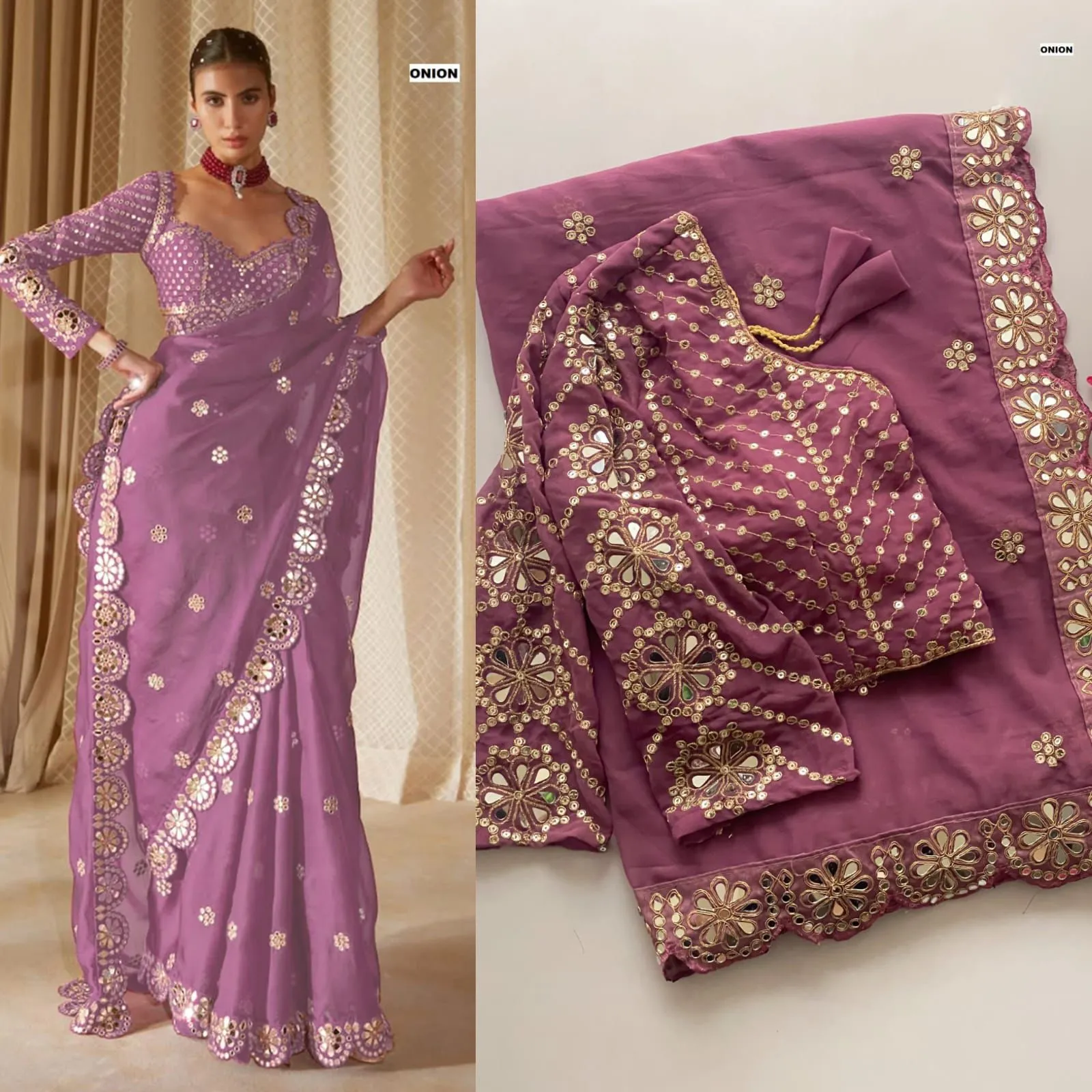 Bollywood-Inspired Organza Saree with Real Mirror Work