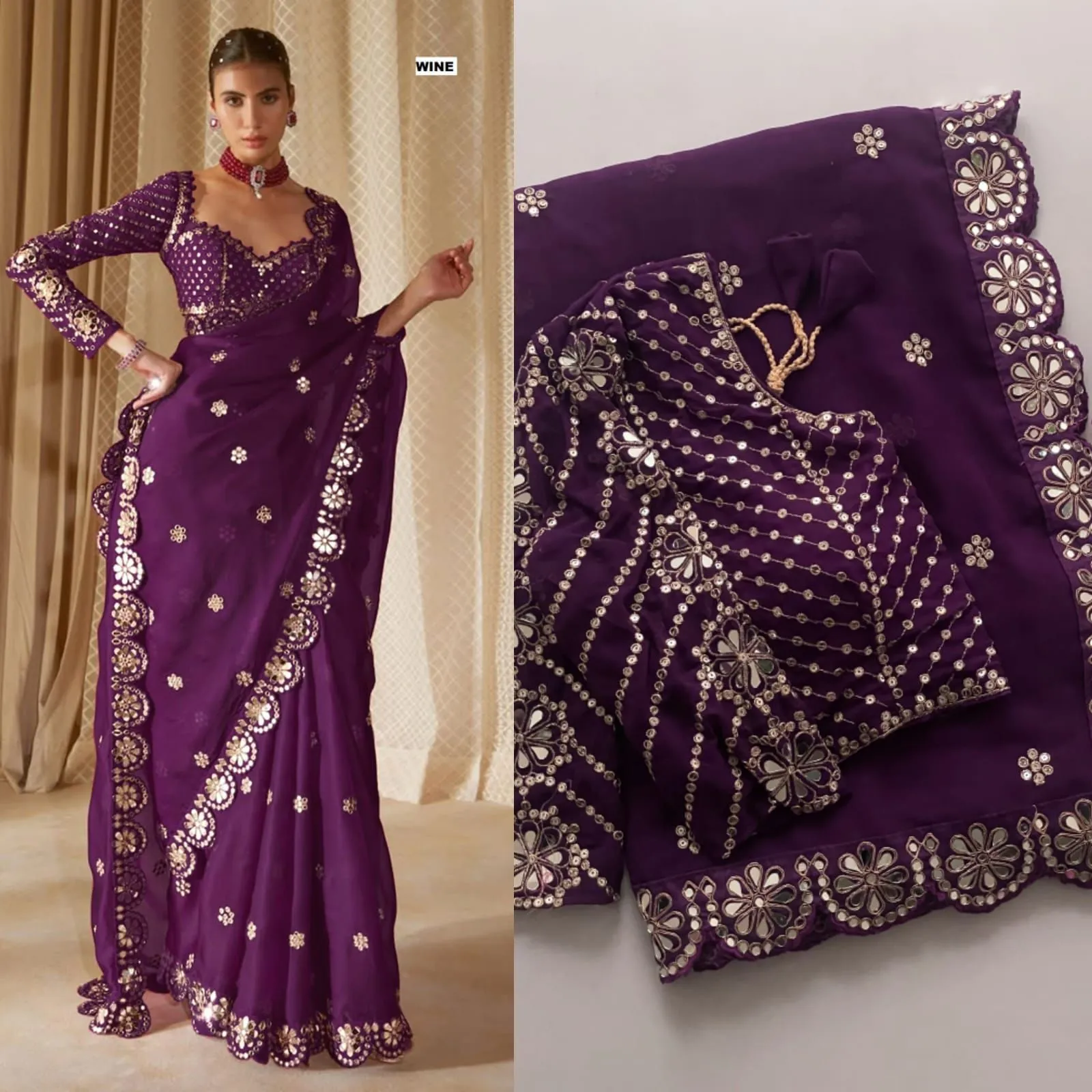 Bollywood-Inspired Organza Saree with Real Mirror Work
