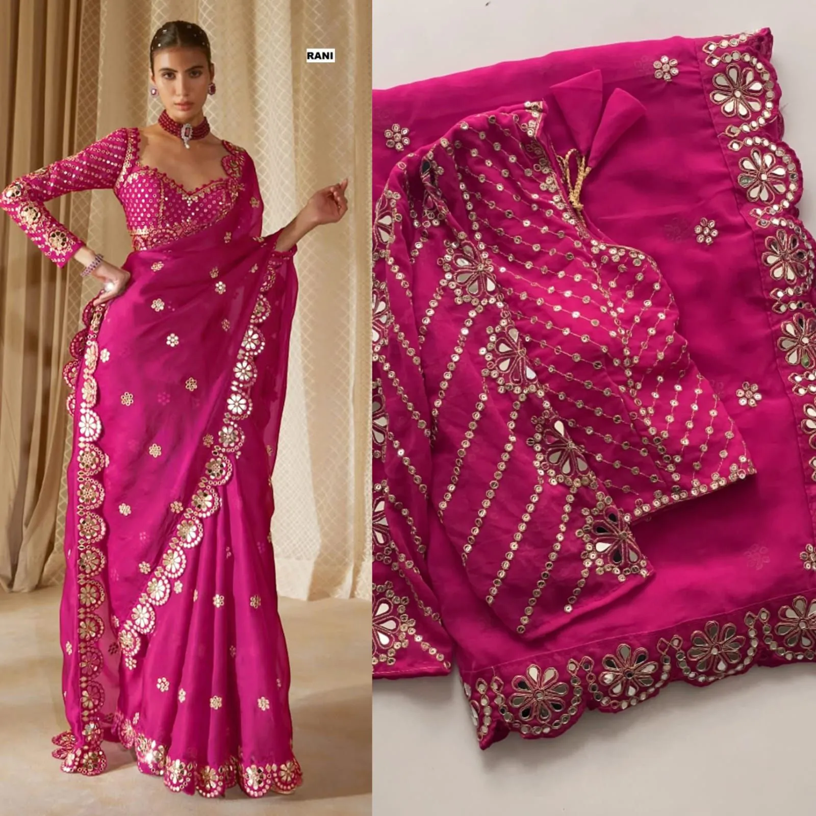Bollywood-Inspired Organza Saree with Real Mirror Work