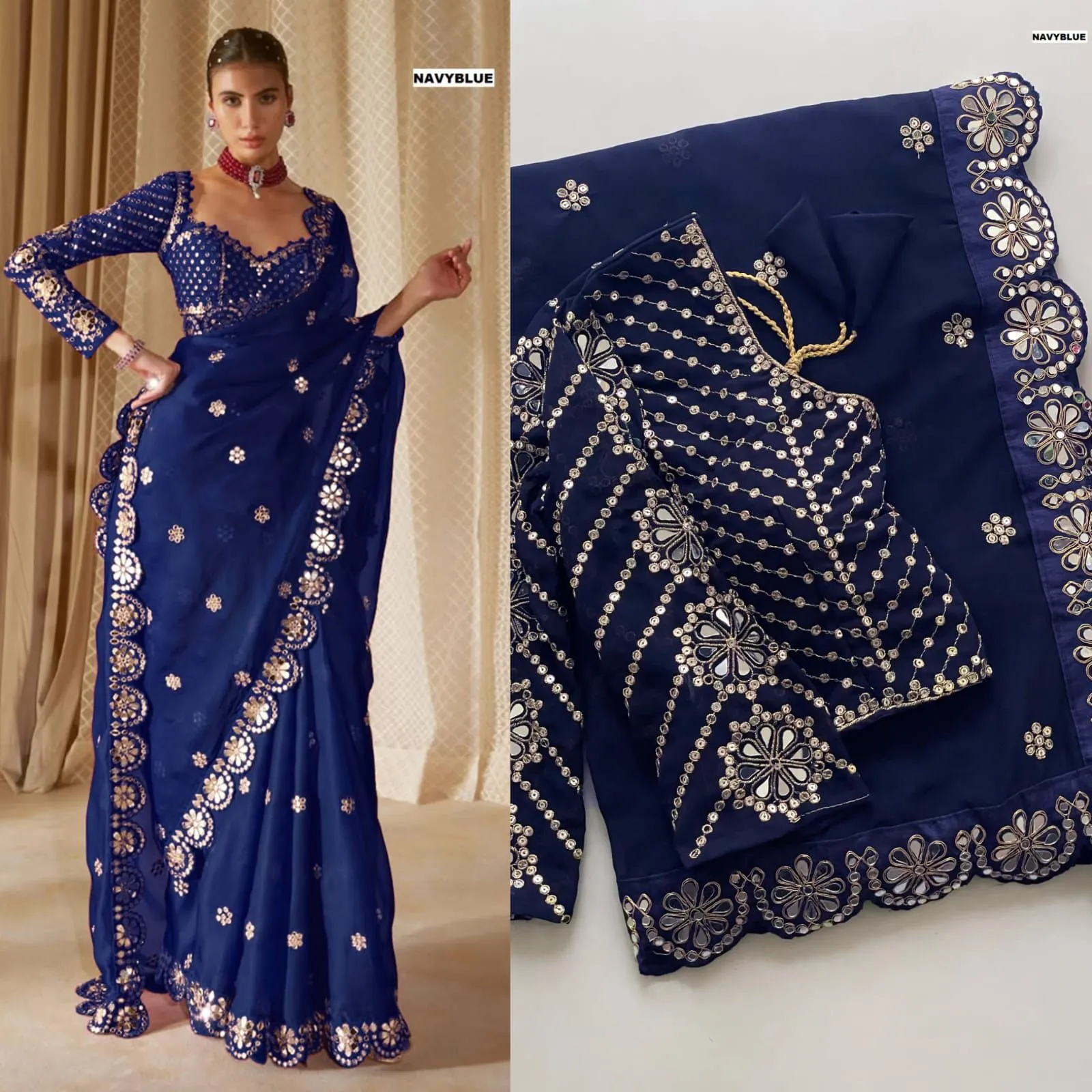 Bollywood-Inspired Organza Saree with Real Mirror Work