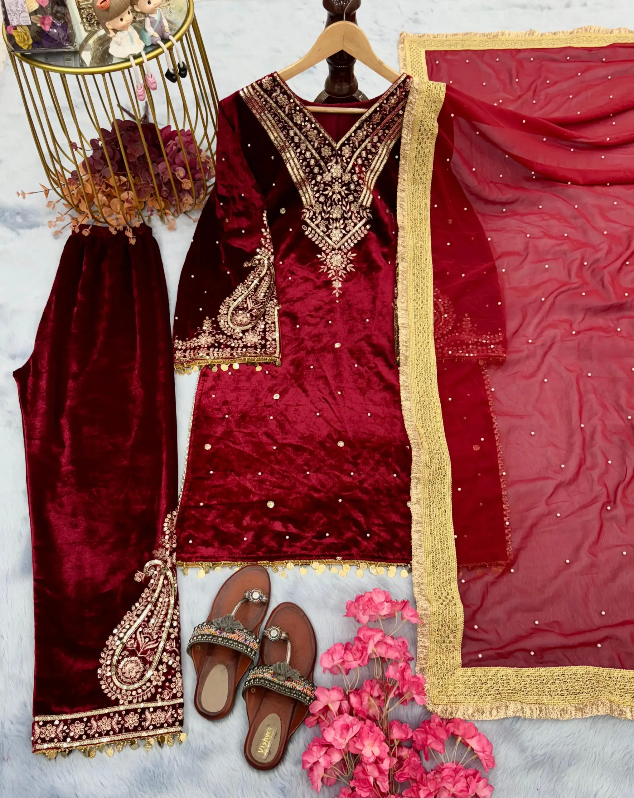 Velvet Red Salwar Suit with Embroidery