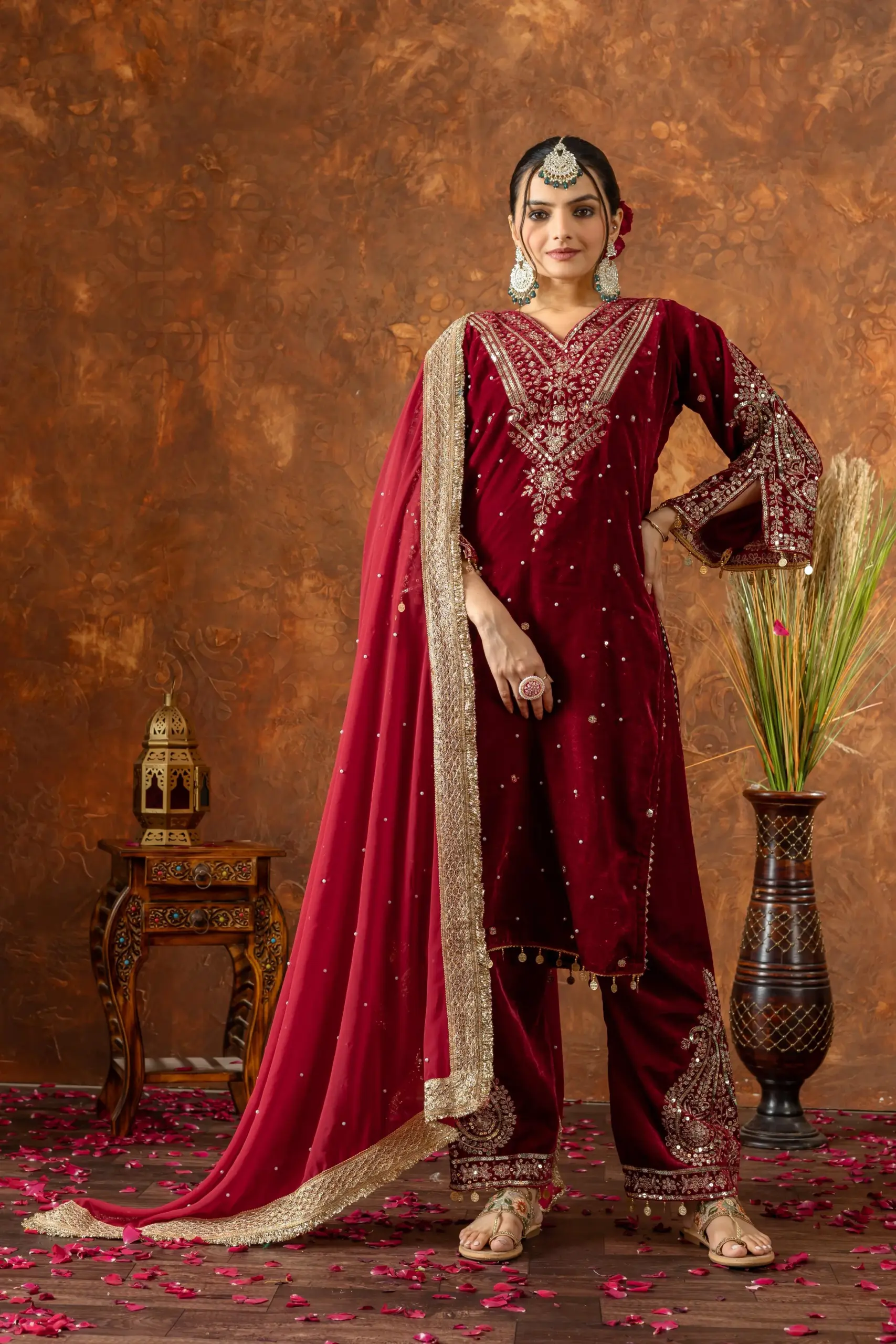Velvet Red Salwar Suit with Embroidery