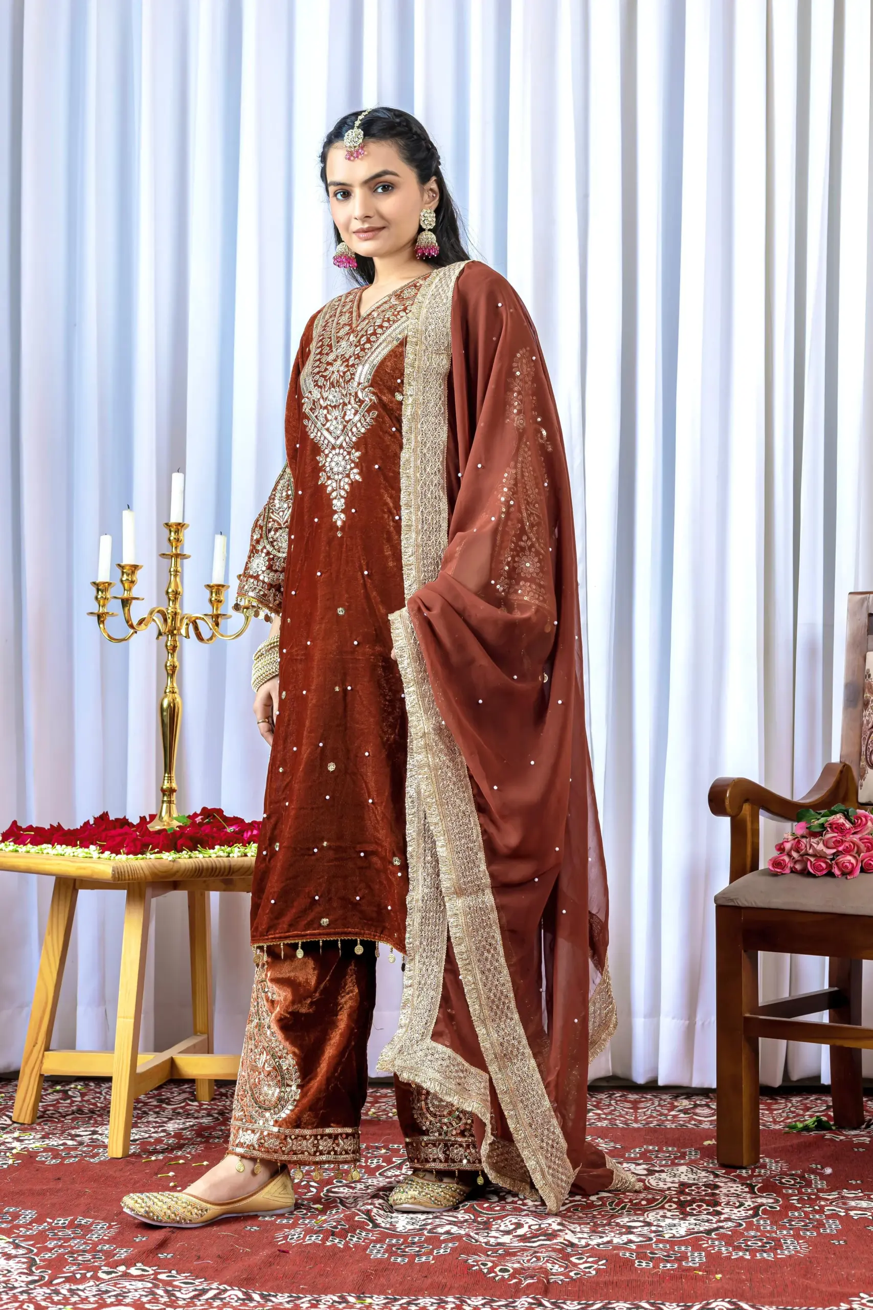 Wedding Wear Orange Velvet Dresses