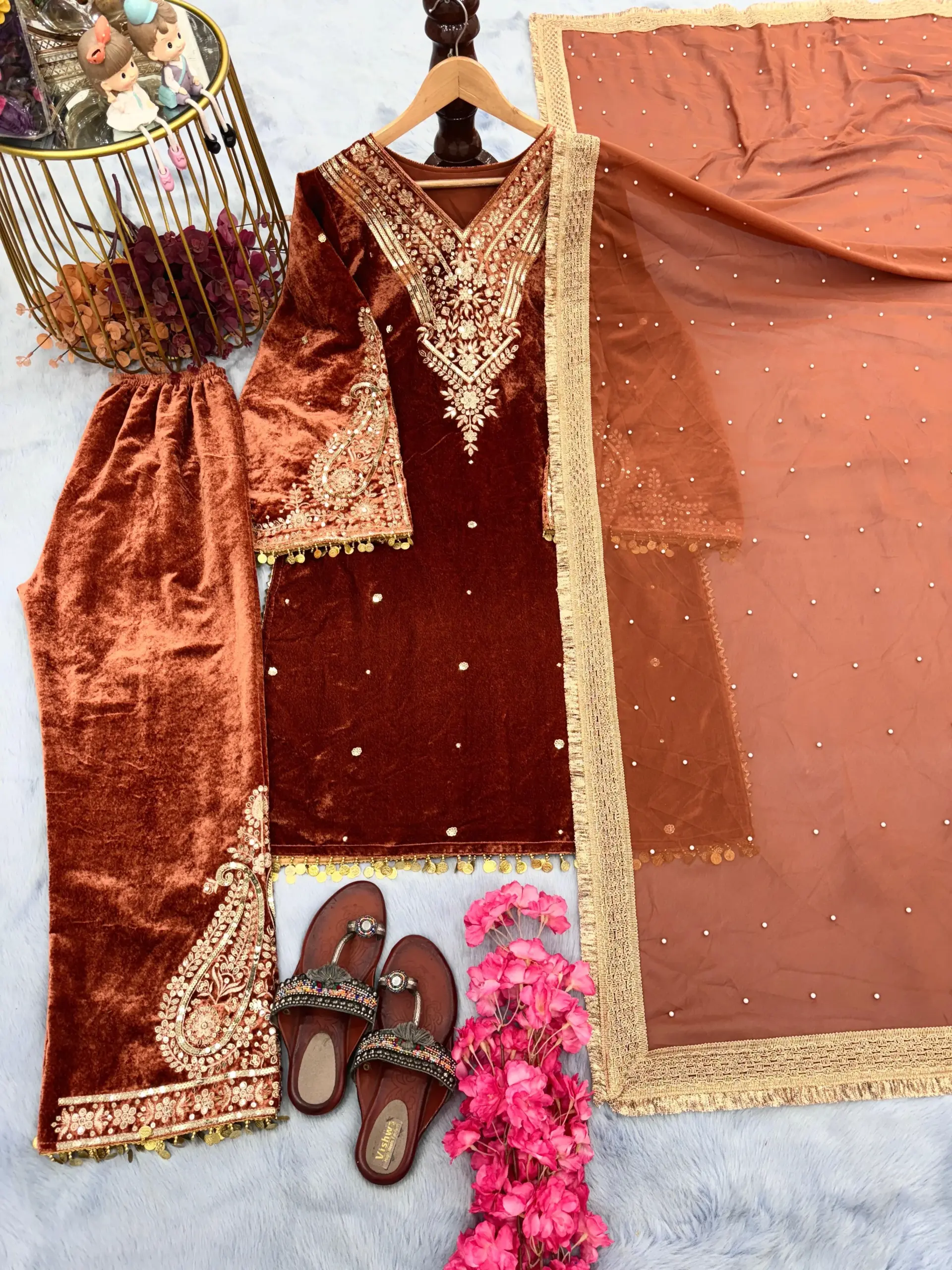 Wedding Wear Orange Velvet Dresses