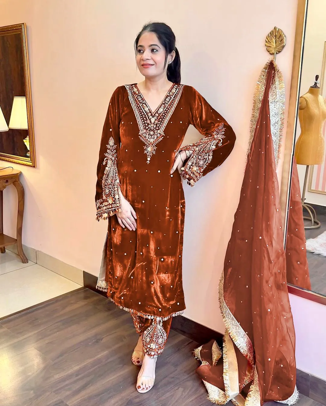 Wedding Wear Orange Velvet Dresses