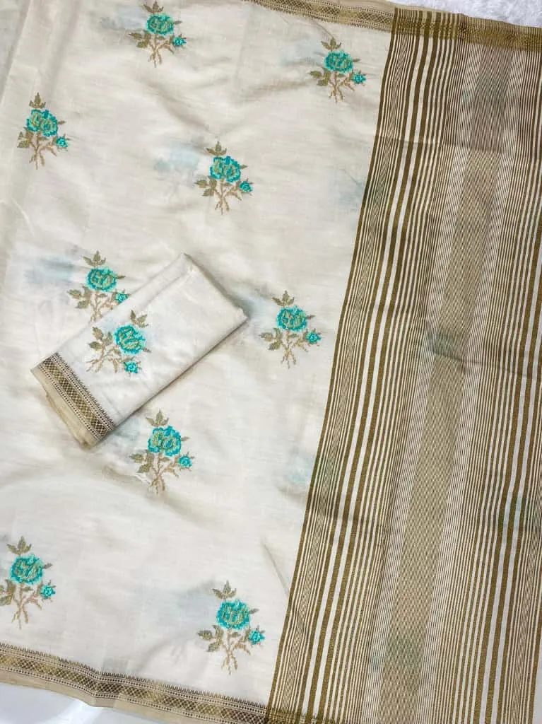 White Tusser Silk thread work Saree