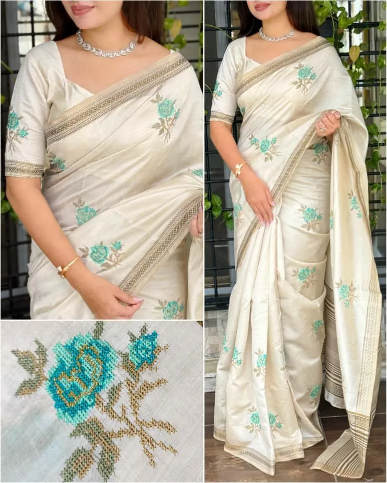 White Tusser Silk thread work Saree