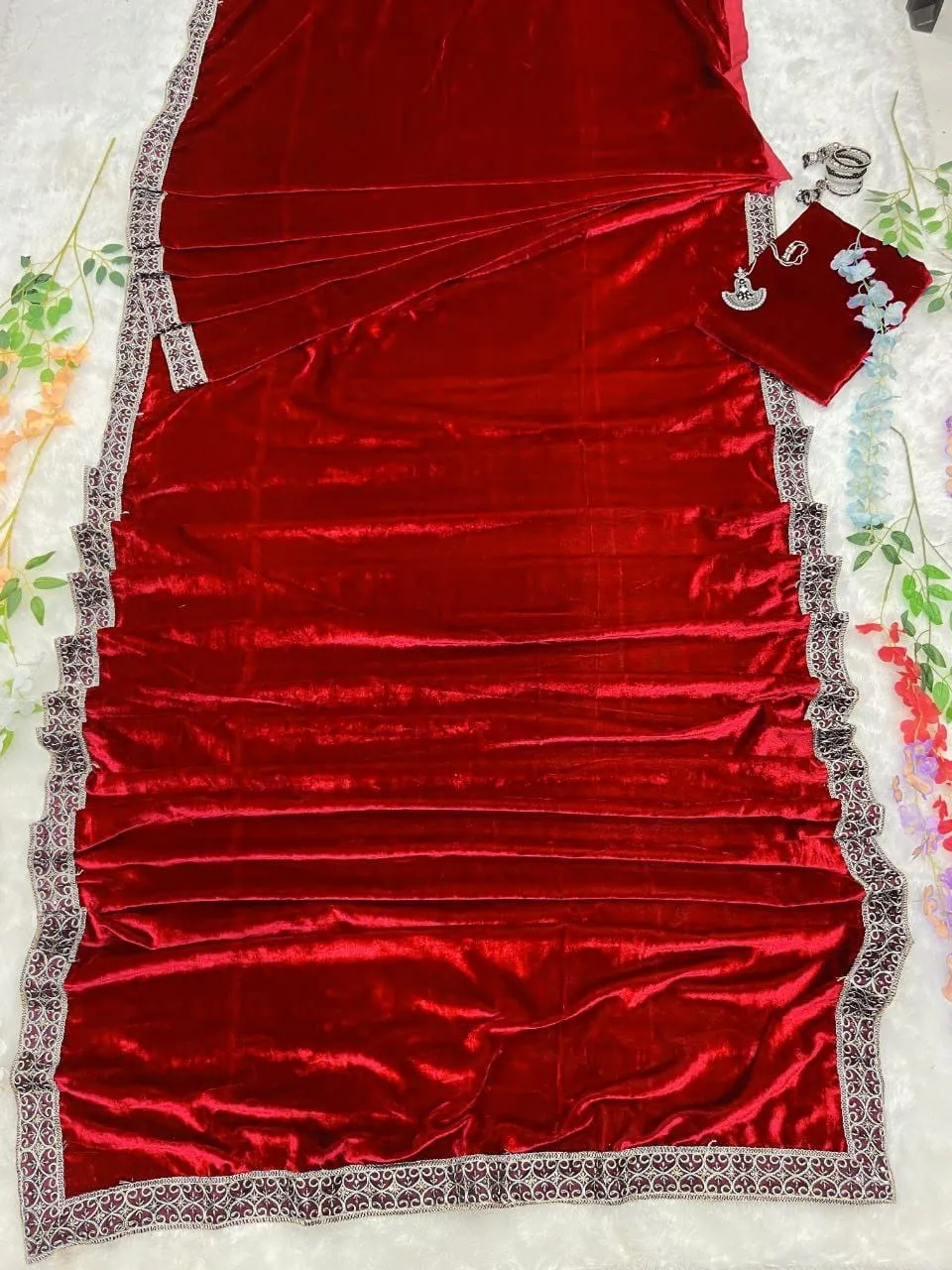 Winter Red Velvet Readymade Saree