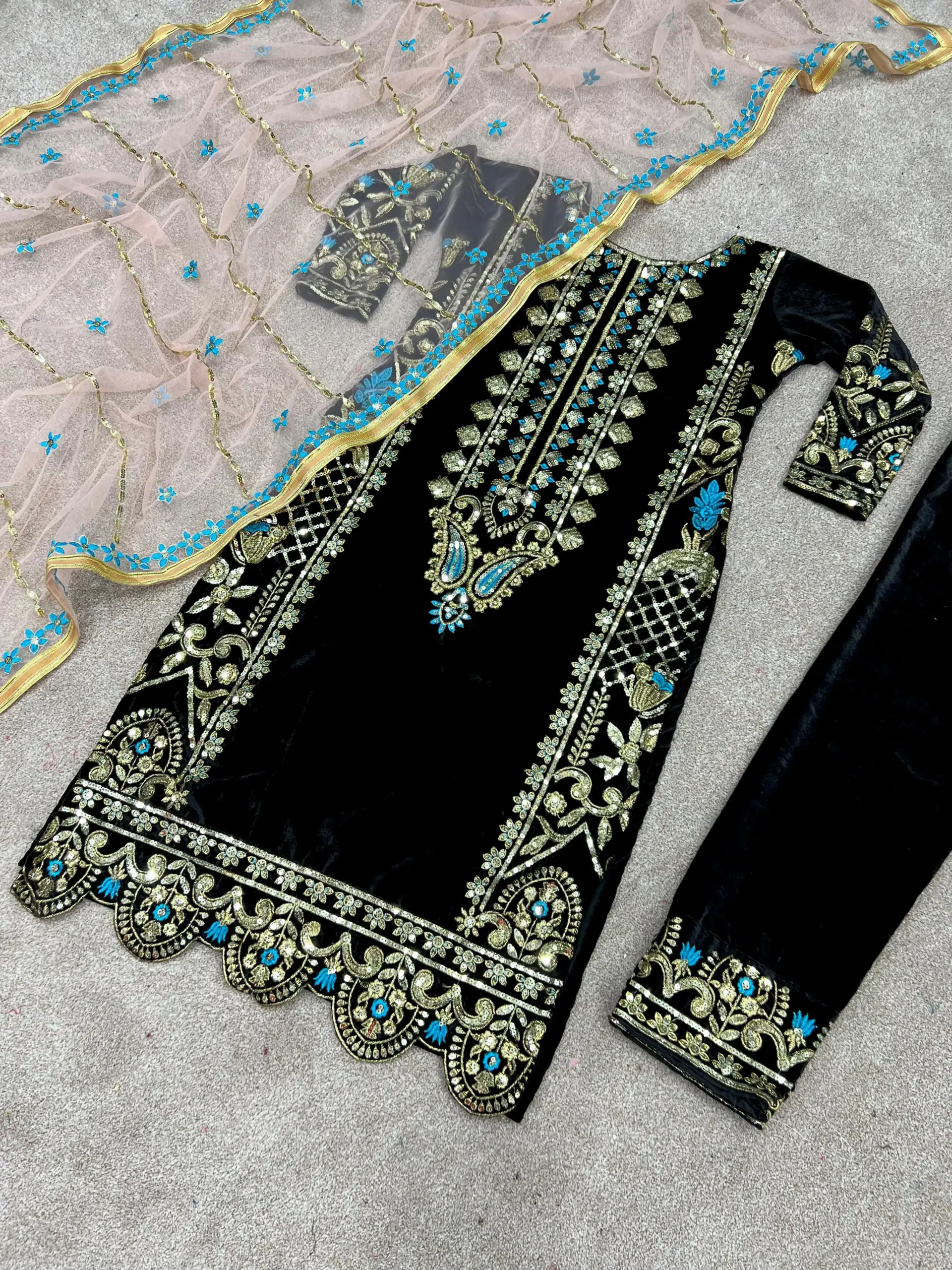 Winter Special Velvet Black Straight Suit