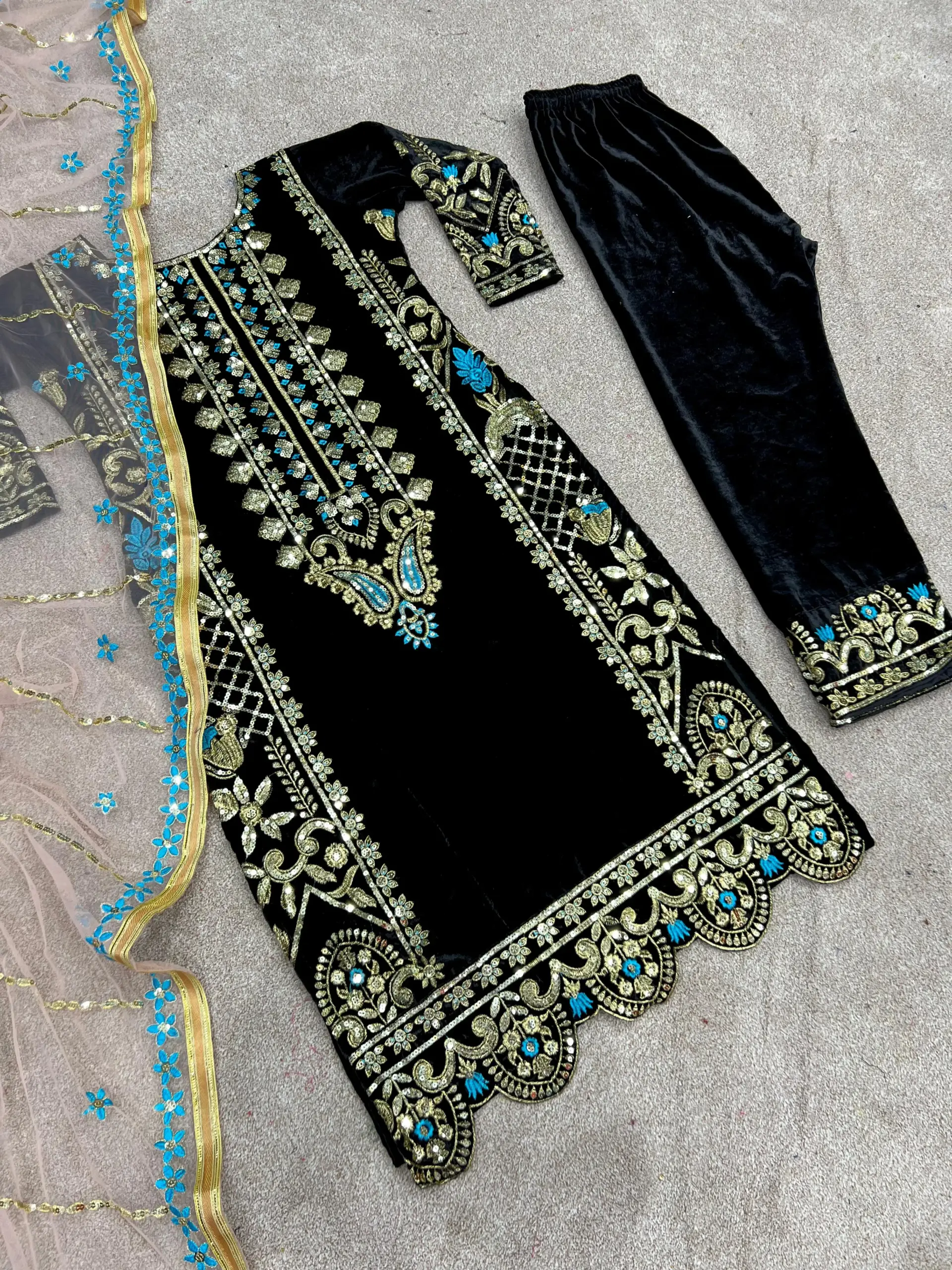 Winter Special Velvet Black Straight Suit