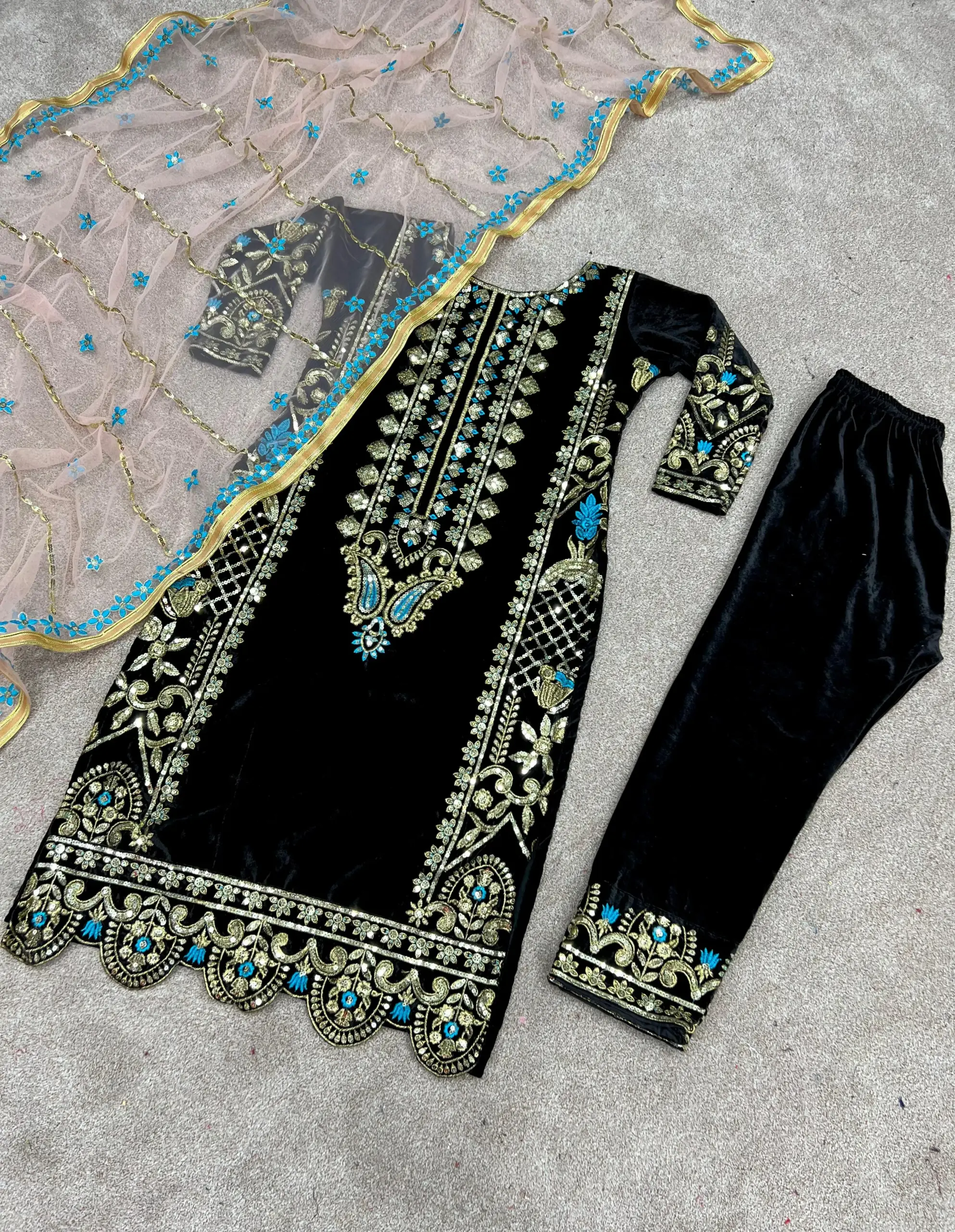 Winter Special Velvet Black Straight Suit