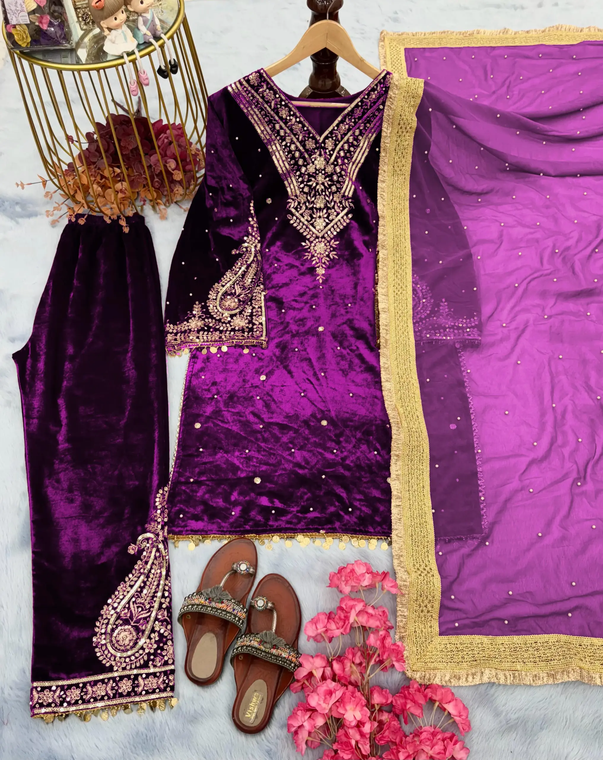 Winter Wear Embroidery Velvet Salwar Purple