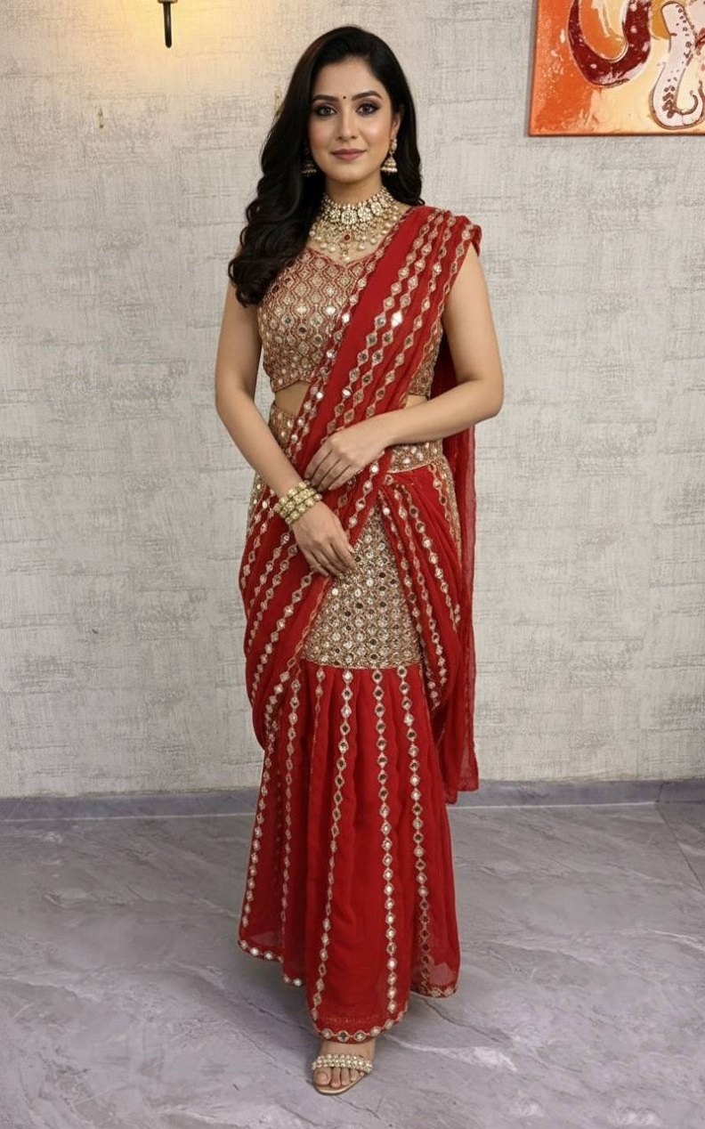 Sangeet Wear Red Readymade Lehenga Saree