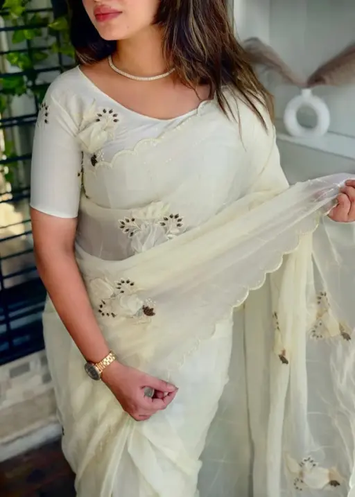 Applique work Cream Designer Saree