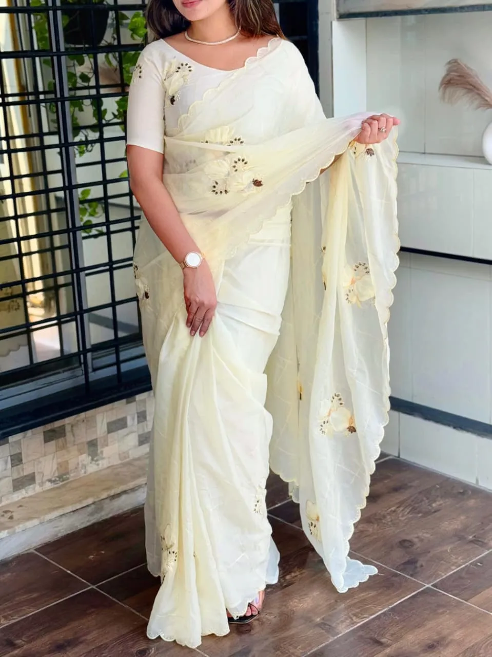 Applique work Cream Designer Saree