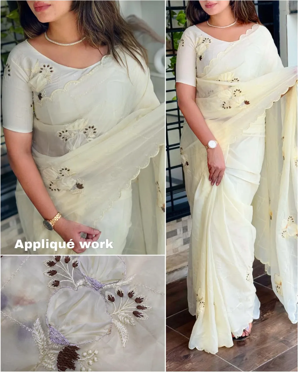 Applique work Cream Designer Saree