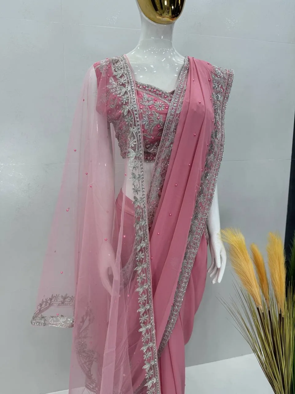 Baby Pink Designer Saree with Dupatta