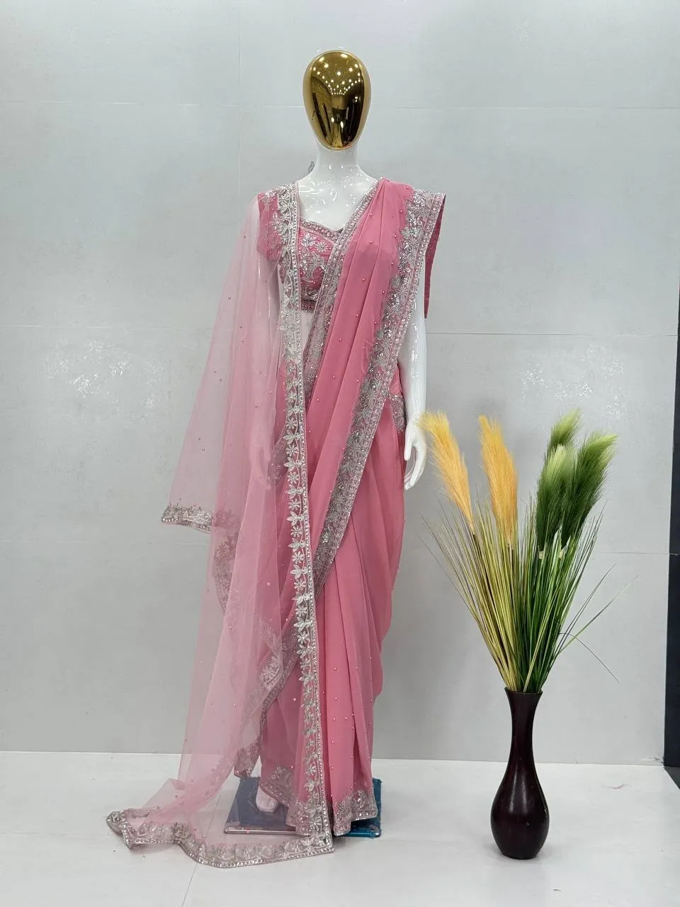Baby Pink Designer Saree with Dupatta