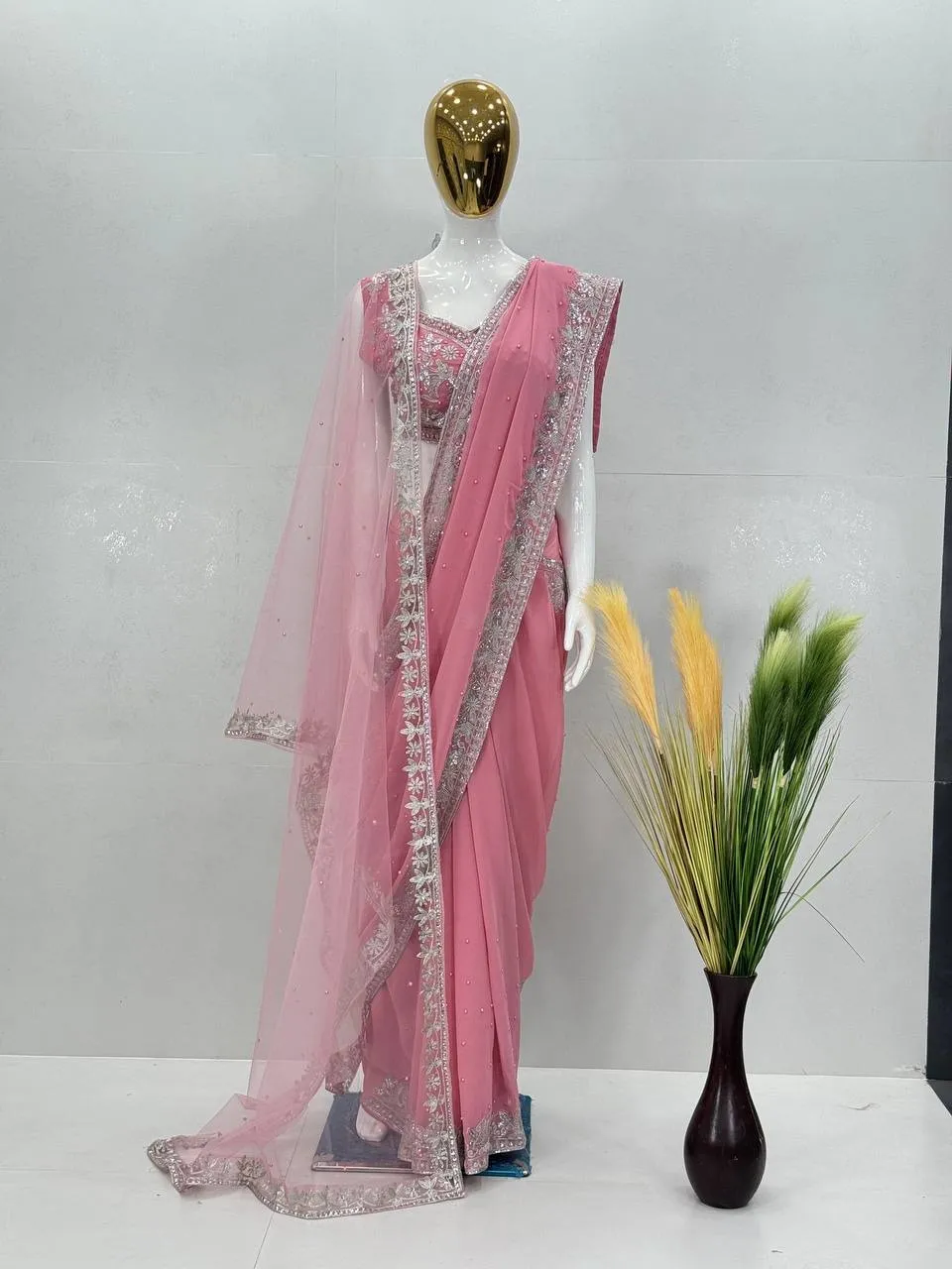 Baby Pink Designer Saree with Dupatta