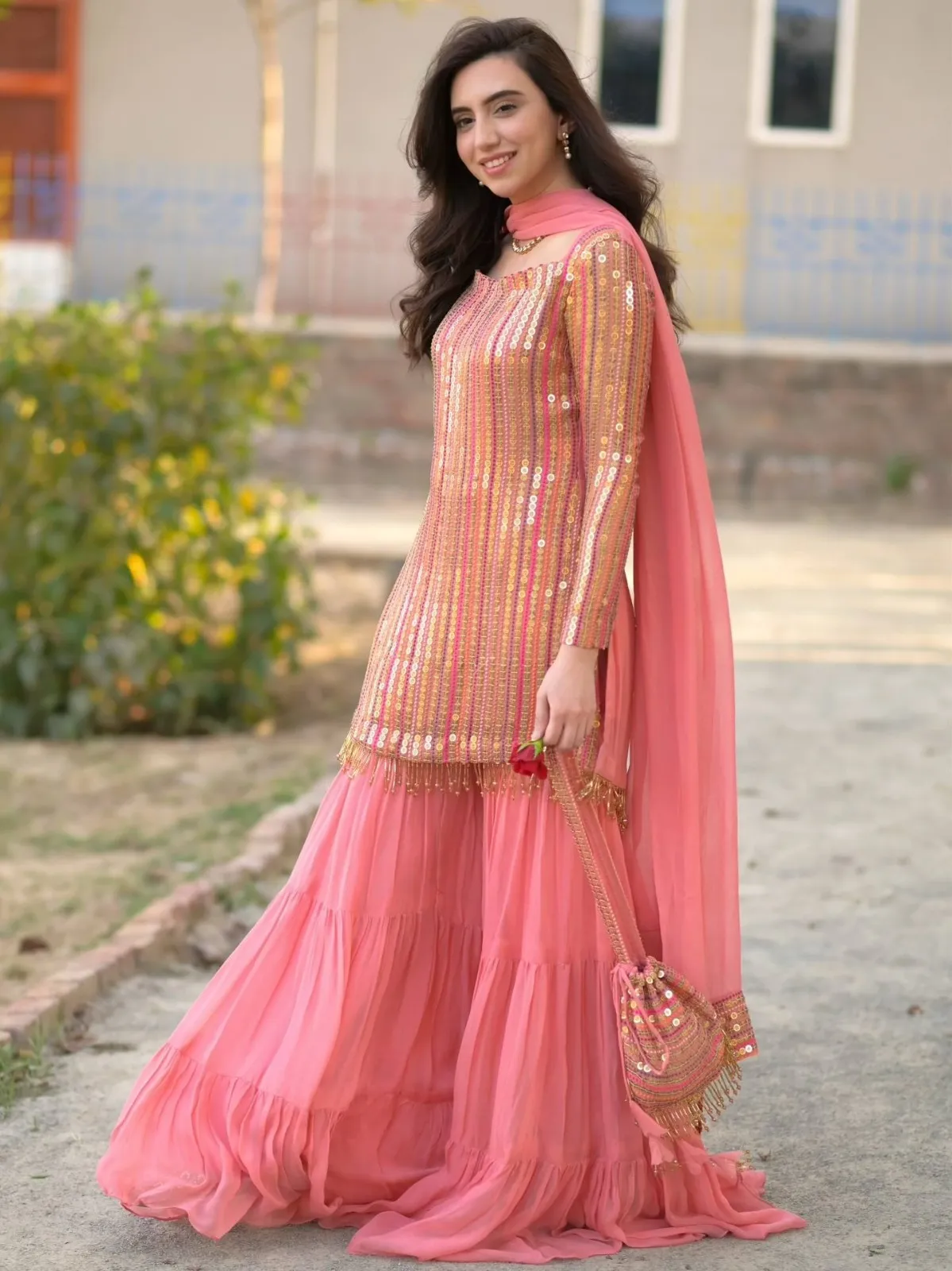 Baby Pink Short Top with Flair Plazzo Set