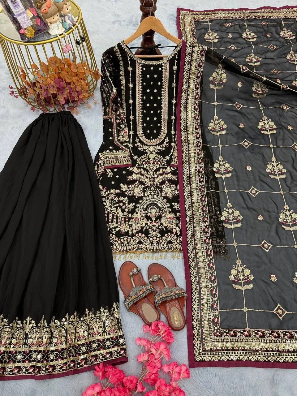 Black Pakistani Readymade Sharara Salwar Set